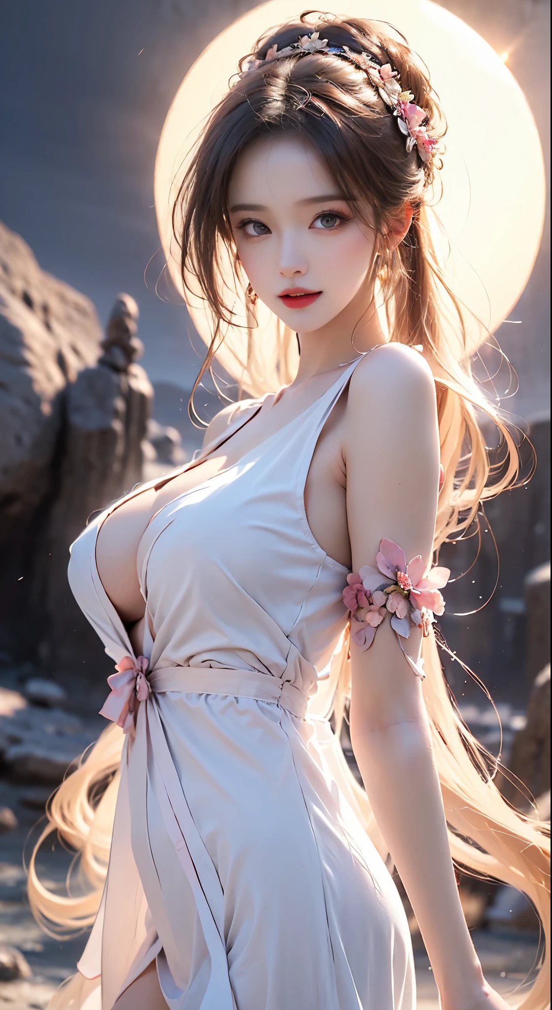 ((bare shoulders)), ((whole body)), actual, fashion girl, red lips, mature women, cosmetics, big eyes, beautiful eyes, ((whole body)), ((from below)), (best quality, masterpiece:1.2), Super detailed, (actual:1.37), ((Sexy long legs)), beautiful, young and energetic, Charming model with, big breasts, cleavage, (delicate eyes, Detailed lips, extremely delicate eyes), show a bright smile, Create stunning girl images, Warm colors, Extremely high color saturation, official art, Extremely detailed CG unified 8k wallpaper,(high dynamic range :1.4), (cinematic),(pastel colors, dull color, soothing tone :1.3), (natural skin texture, ultra-actual, soft light, sharp),(Very detailed), night, moonlight, ((in the mountains, plant, Leaning against the rocks))