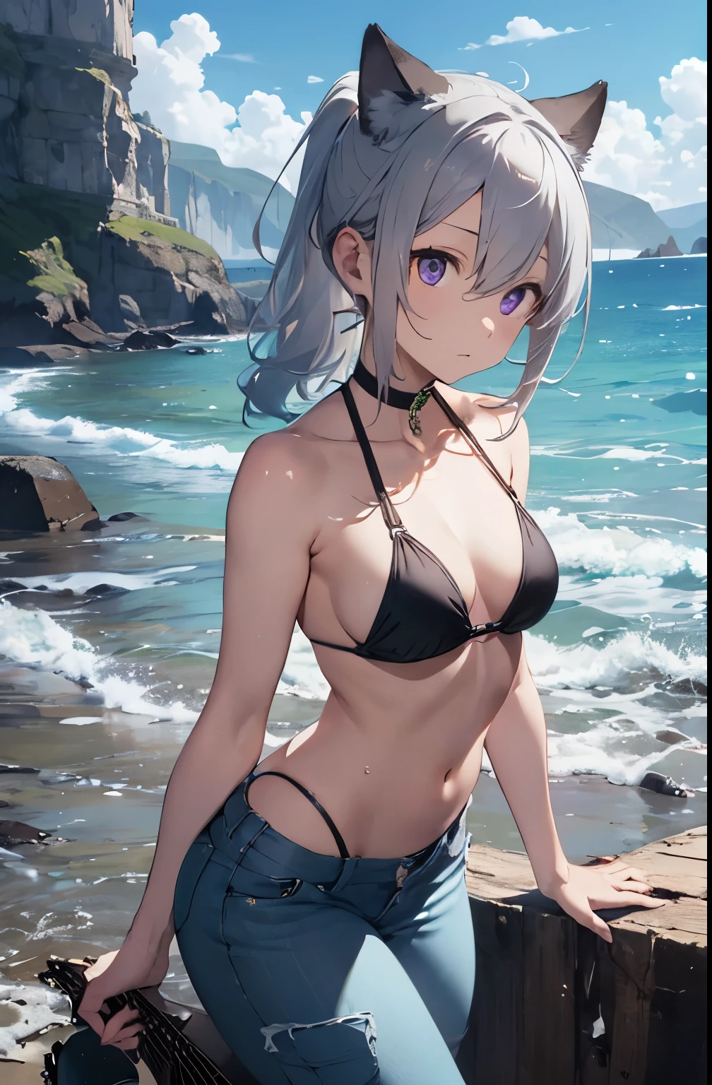video angle, Depth of written boundary, (looking at the viewer), (right foreground: 1), (standing photo: 1),
(play the guitar: 1.3),
cat ears girl, (alone),silver hair,(white skin:1), (Curvaceous:1.2), (wide hips:1.1),
(Beautiful coast background), (coast background: 1.4), (coast background: 1.4),
(green clothes), (bare shoulders, white micro bikini), (T-back pants: 1.2), choker, thigh boots,
(ponytail, hair ween eyes), (silver hairの), (purple eyes), (flat chest: 1.2),
No expression, stunned, sleepy,
seaweed, seaweed, seaweed, seaweed, seaweed, seaweed, seaweed, seaweed
