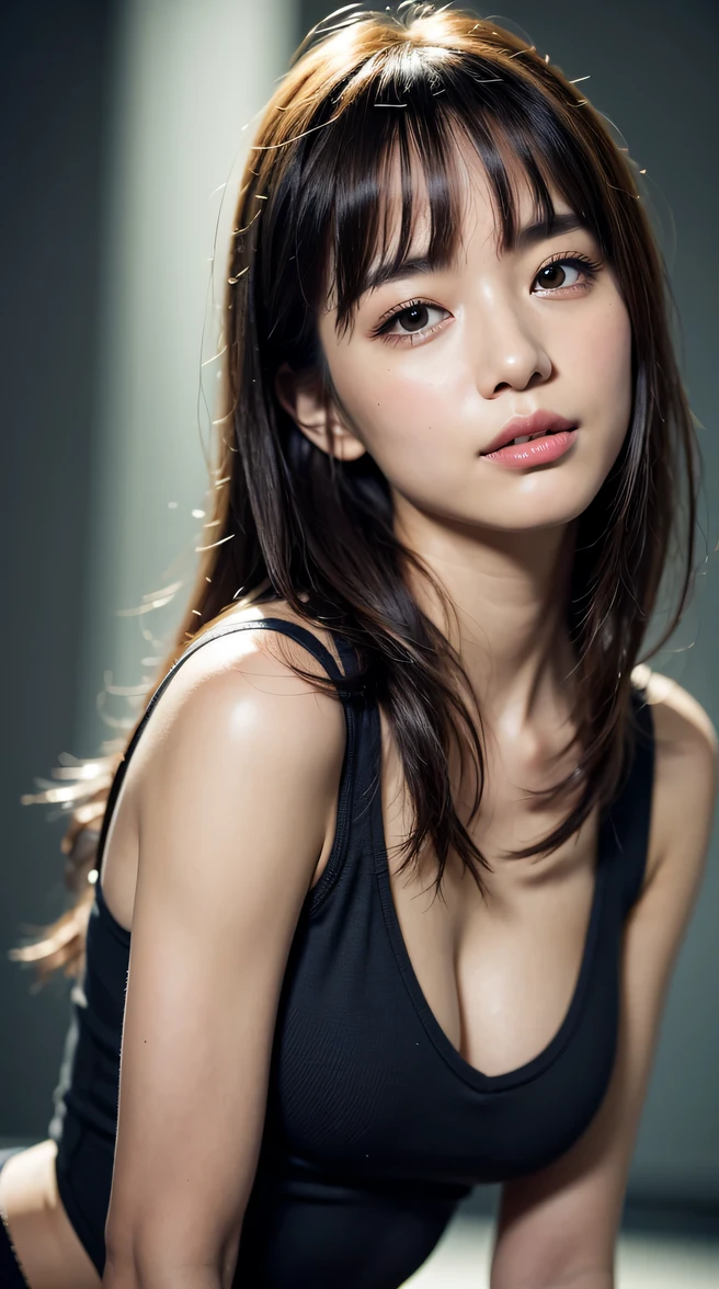 (RAW photo, highest quality)(8k, highest quality, masterpiece: 1.2), Super detailed, super resolution, (realistic, realistic photo: 1.37), portrait, High resolution RAW color photos, professional photos, Beautiful in high resolution, very delicate and beautiful, 8k image wallpaper, amazing details, huge file size, high detailed beautiful girl, Super detailed face, very fine eyes, Very fine skin, very small nose, highly detailed mouth, perfect anatomy, simple background, 1 girl, (20:1.2), 20 generations, pretty girl, bangs, smile, K-POPアイドル, Tank top, realistic body, glowing skin, wavy black hair, face, lively face, delicate eyes, source order, look at me, ((positive)), (Fair skin), waist shot, bangs, round face, smile, close up of face, very delicate and beautiful, finely, masterpiece,