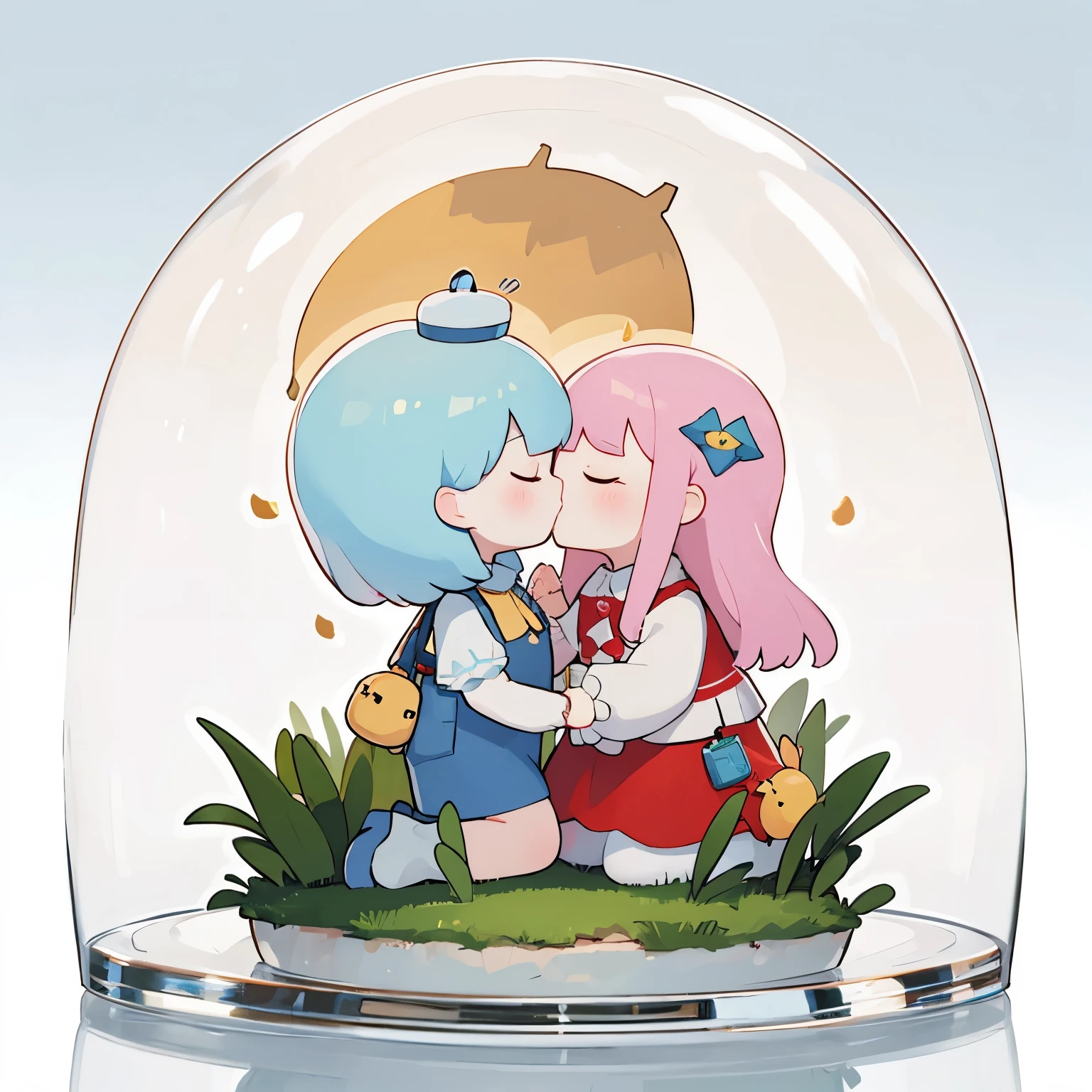 There is a kissing doll inside a dome-shaped transparent plastic case.