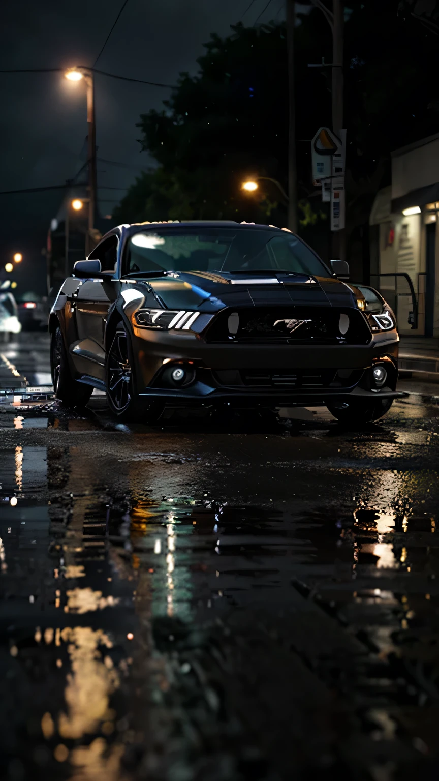Generate a hyper-realistic, detailed image featuring a black Ford Mustang with a blower supercharger, set in a rainy night town. Emphasize the sleekness of the vehicle, focusing on the blower supercharger, and ensure the black exterior is rich in detail. Capture the atmospheric ambiance of the rainy night with glowing blue headlights illuminating the surroundings. Blur the background to highlight the Mustang, creating a sense of speed and dynamism. Pay meticulous attention to the wet streets, reflecting the town lights, and enhance the realism with small raindrops on the car's surface. Prioritize vivid colors, dynamic lighting, and detailed realism to create an AI-generated image that evokes the power and allure of the black Ford Mustang in a captivating nighttime setting.
