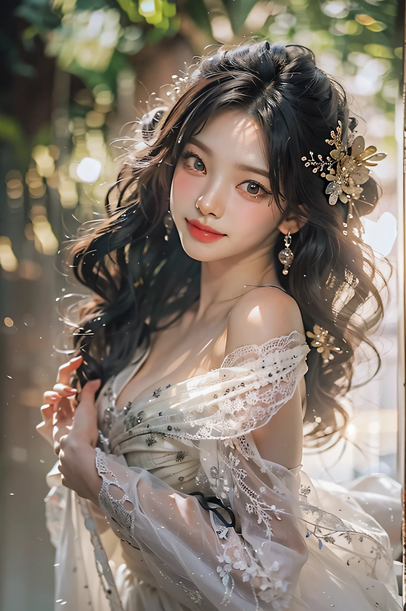 (highest image quality), (masterpiece), (vibrant, photography realistic, Realistic, Dramatic, Dark, Sharp focus, 8K), Close up Face, Highly detailed face and skin texture, sexy wedding dress, ethereal beauty, mature asian woman,black long hair, make up, sexy smile, nsfw ,Close up shot, ((backlight))