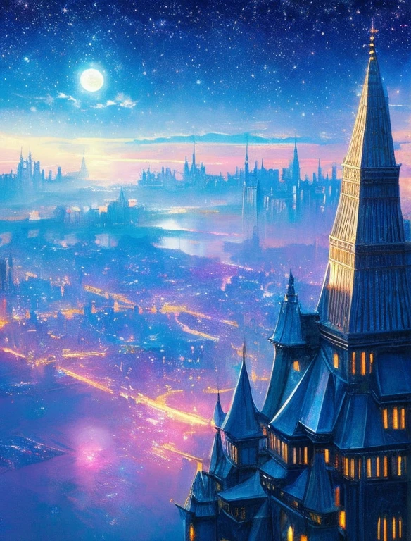 the met, Painting of a river with stars and moon in the sky, the met, Shining skyscrapers, Shine across the board, Skyscrapers, Concept art inspired by Mitsuoki Tosa, pixiv contest winners, top-quality, Fantasyart, beautiful anime scene, Bright moon, Moonlit star environment, Dream painting, Anime Background Art, Fantasy landscape art, fantasy knight, anime backgrounds, background artwork, Fantastic art, atmospheric anime, starrysky, Detail has been enhanced.