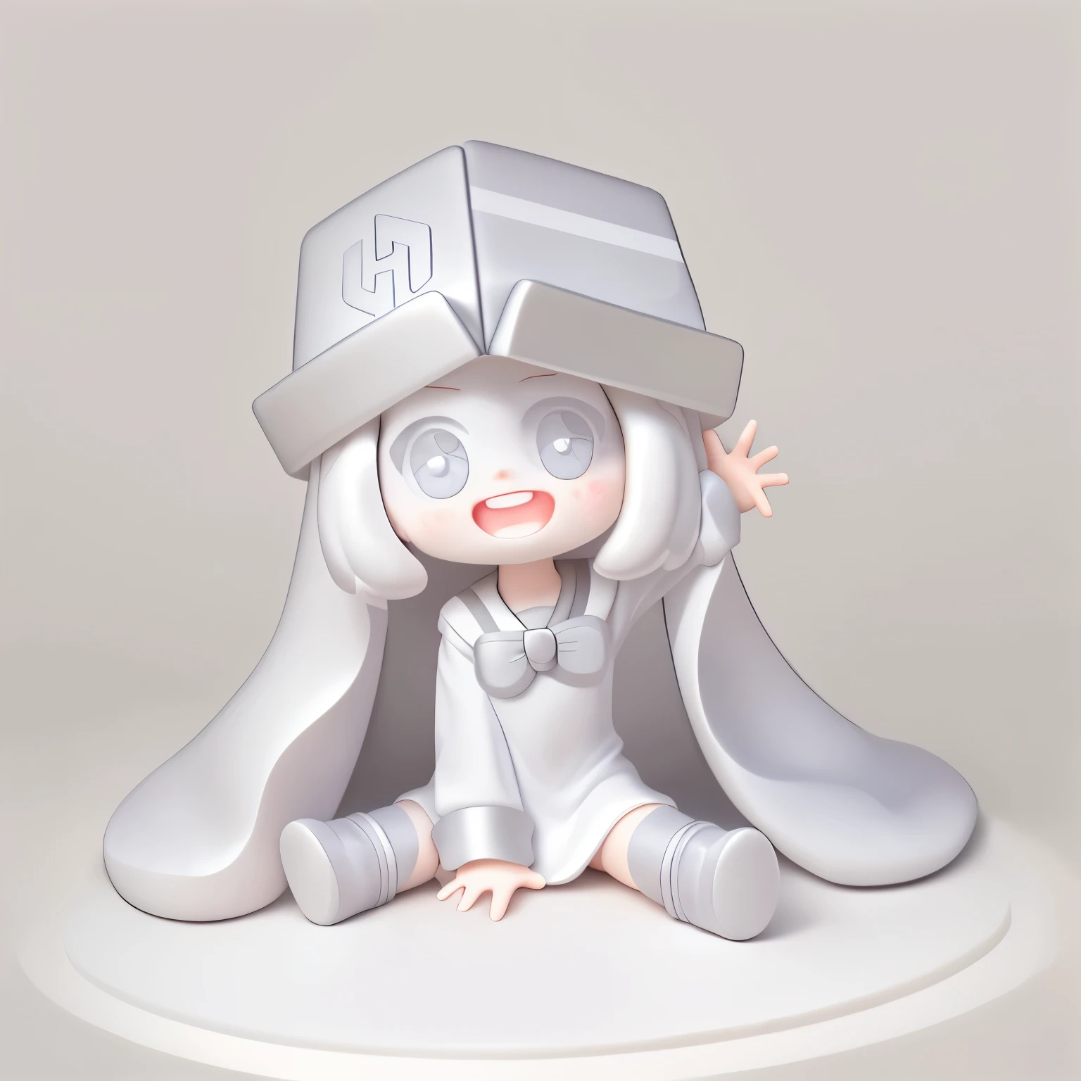 Bubble Mart blind box style,A cute little girl who loves to laugh,sit on the floor,One hand supports the ground,A hand raised to say hello,Wearing a white box-shaped hat,princess cut hairstyle,Off-white hair,Wearing dark gray skirt and boots