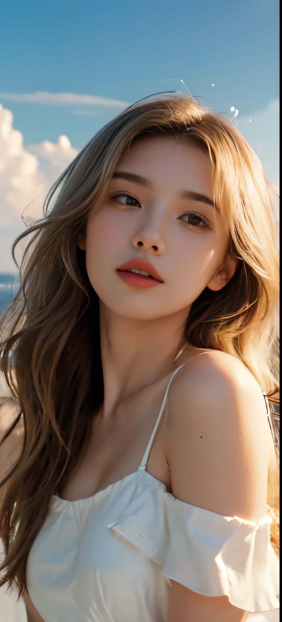 best quality,masterpiece,ultra high resolution,(realism:1.4),original photo,1 girl,take off shoulders,long white hair,face highlight,seaside,waves,pure,Full of girlishness,18 years old,spaghetti strap dress,silk texture,Use your hands to style your hair