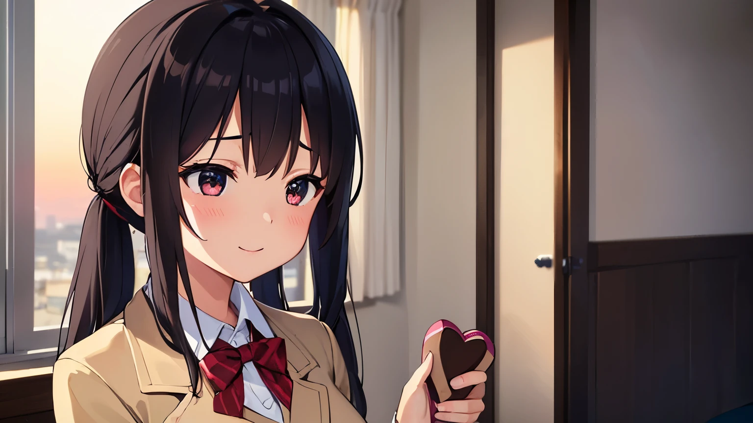 1girl, (((masterpiece))), wallpaper HD, top-quality, top-quality, High Details, nakano azusa, 1girl, Sakuragaoka High School Uniform, student clothes, Twin-tailed, length hair, A dark-haired, brown-eyed, solo, reddish, Dark blue blazer with thin red ribbon, Solid white buttoned shirt under blazer, illustratio, comic strip, soothing tones, Subdued Color, Soft cinematic light, adobe lightroom, photolab, HDR, intricately and hyper-detailed、(((depth of fields))))。(((masterpiece)))。(((top-quality))).)((ultra-detailliert)))。(((illustratio)))。(((takeout))).dynamic focus.big breasts.(((home))).(((A bedroom))).(((Face of happiness))). Smile mouth.(((hand holding a chocolate valentine gift))).(((up chest))).((morning glow)).((the setting sun)).