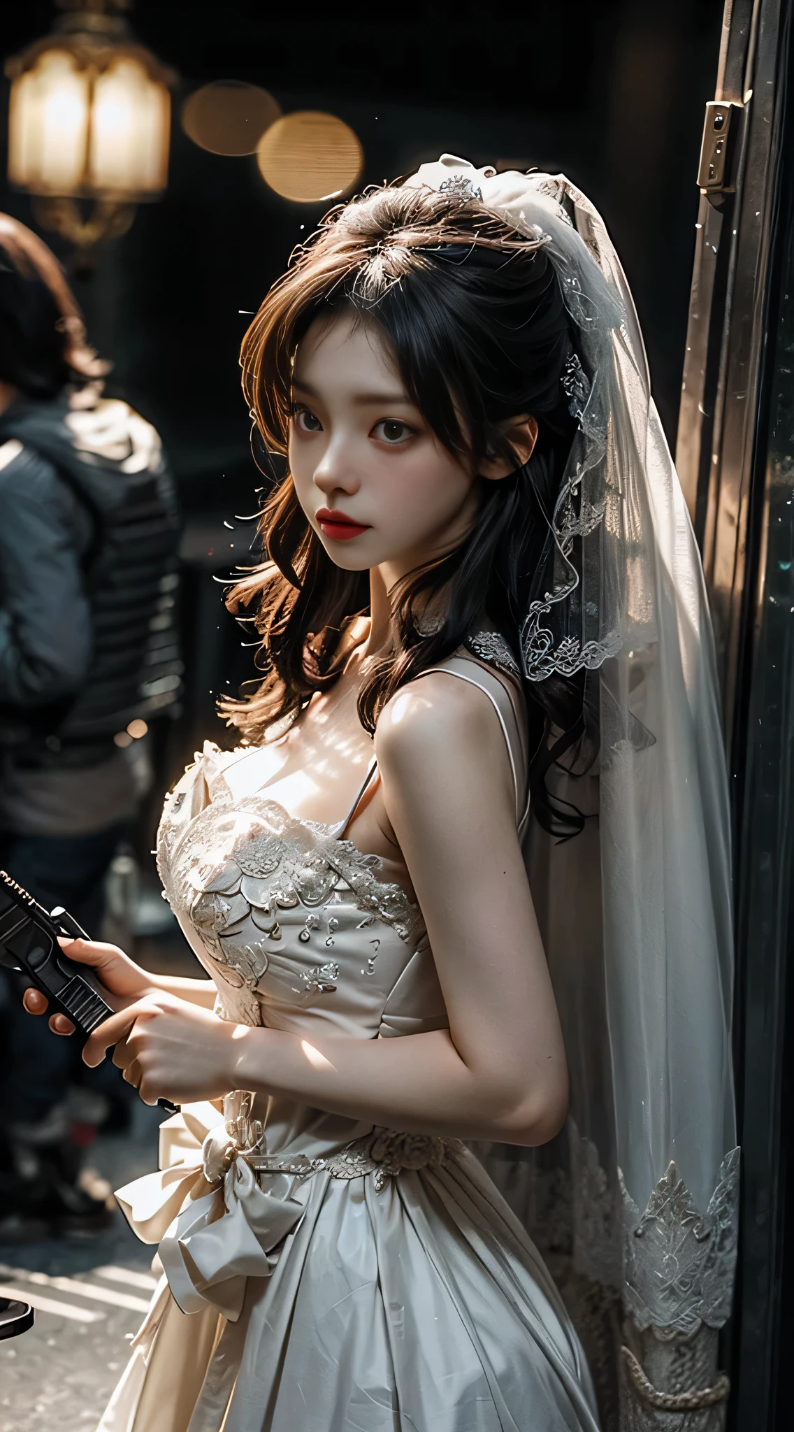 From above: 1.2), sharp focus, volumetric fog, 8k UHD, high quality, (film grain: 1.4), wedding dress, she is a secret agent, holding gun, hiding gun