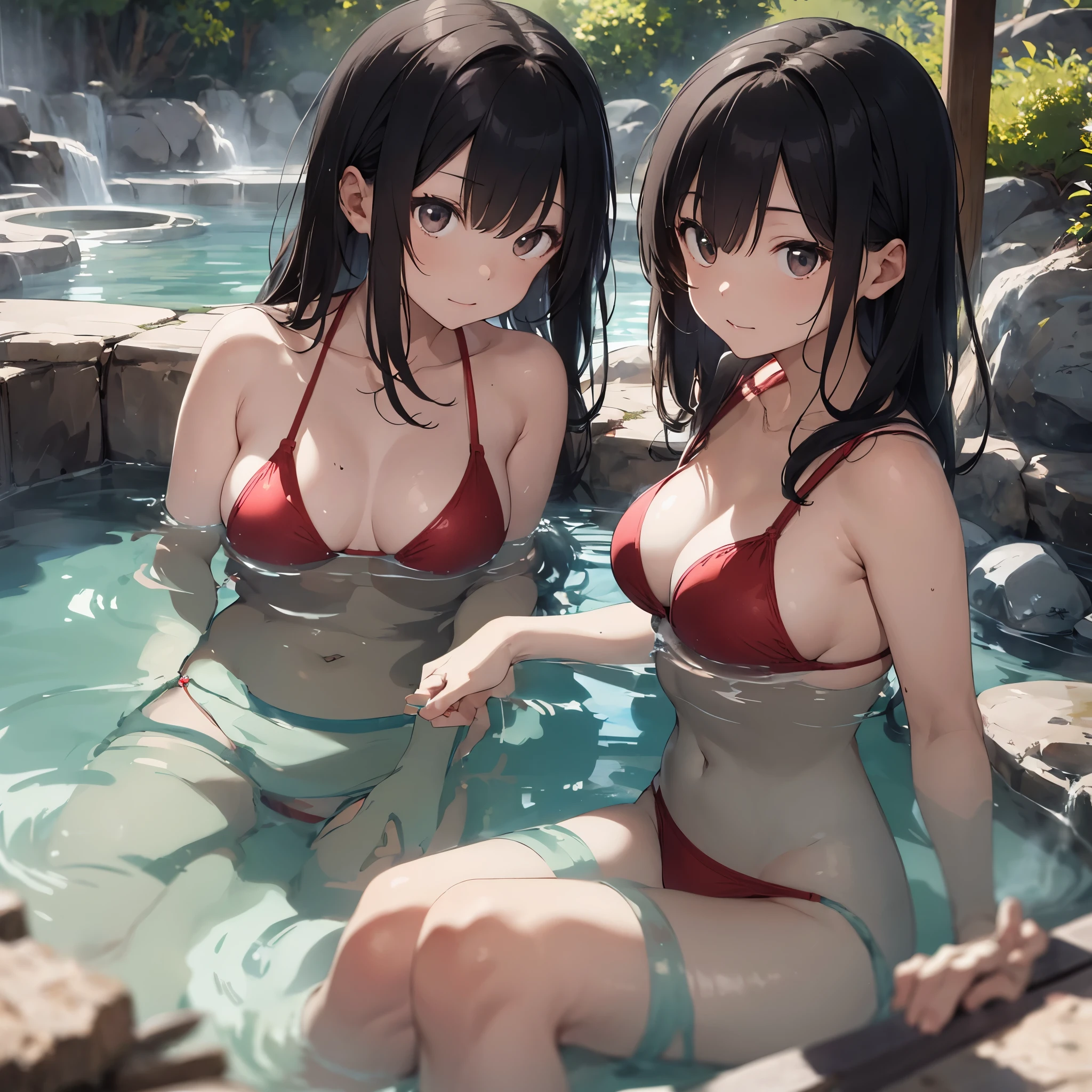 Realistic background blur that looks like it was taken with a high-performance camera.、Please provide high quality illustrations........。A beautiful girl soaking in a hot spring with a relaxed expression.、The steam rising from the bathtub is beautifully depicted.........。Attention to detail in hair and skin、Enjoy the natural texture。To convey the atmosphere of a hot spring area、Please draw the surrounding scenery and hot spring facilities.........。Highlight that the beautiful girl is wearing a red bikini。。。、Please draw an illustration that takes advantage of her charm.........。"