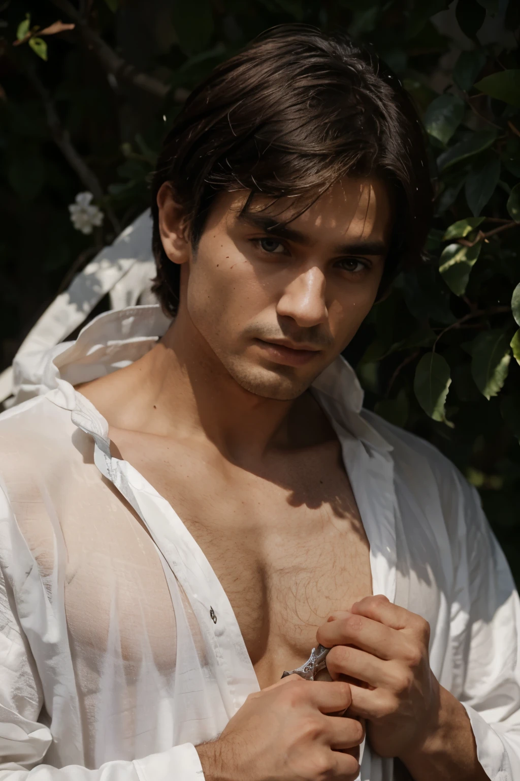he is holding a silver dagger in front of his chest