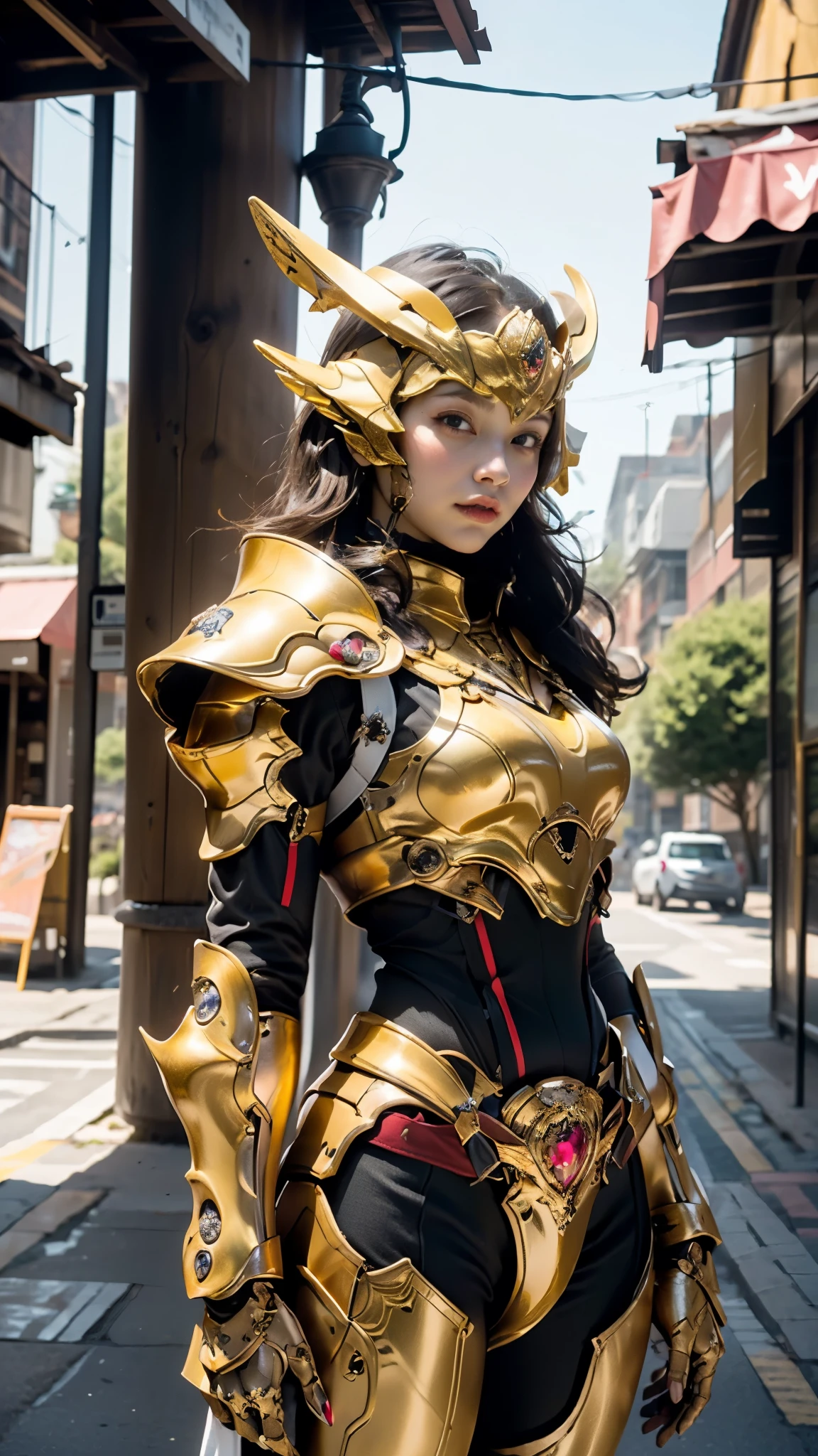 ファンタジー風の全身鎧を着たwoman, A fully enclosed helmet with a crown concept that only exposes the eyes., composite layered chest plate, Fully wraps the shoulder guard and hand guard, lightweight lumbar armor, Perfect fit shin guard, Overall design is sturdy yet flexible, ((armor shines gold, Complemented by red and blue accents)), gives off a noble aura, She is floating above a fantastic and surreal high-tech city, This character is、Elaborately crafted fantasy and surreal style armored heroes embody in anime style。, Exquisite and mature manga art style, (Combining queen bee and spider concept armor), ((Nordic, elegant, goddess, woman:1.5)), metallic, High resolution, highest quality, High resolution, super detailed, Ultra-fine painting, very delicate, Professional, anatomically correct, symmetrical face, highly detailed eyes and face, high quality eyes, creativity, RAW photo, Hmm, 32K, Natural light, cinematic lighting, masterpiece-anatomy-perfect, masterpiece:1.5