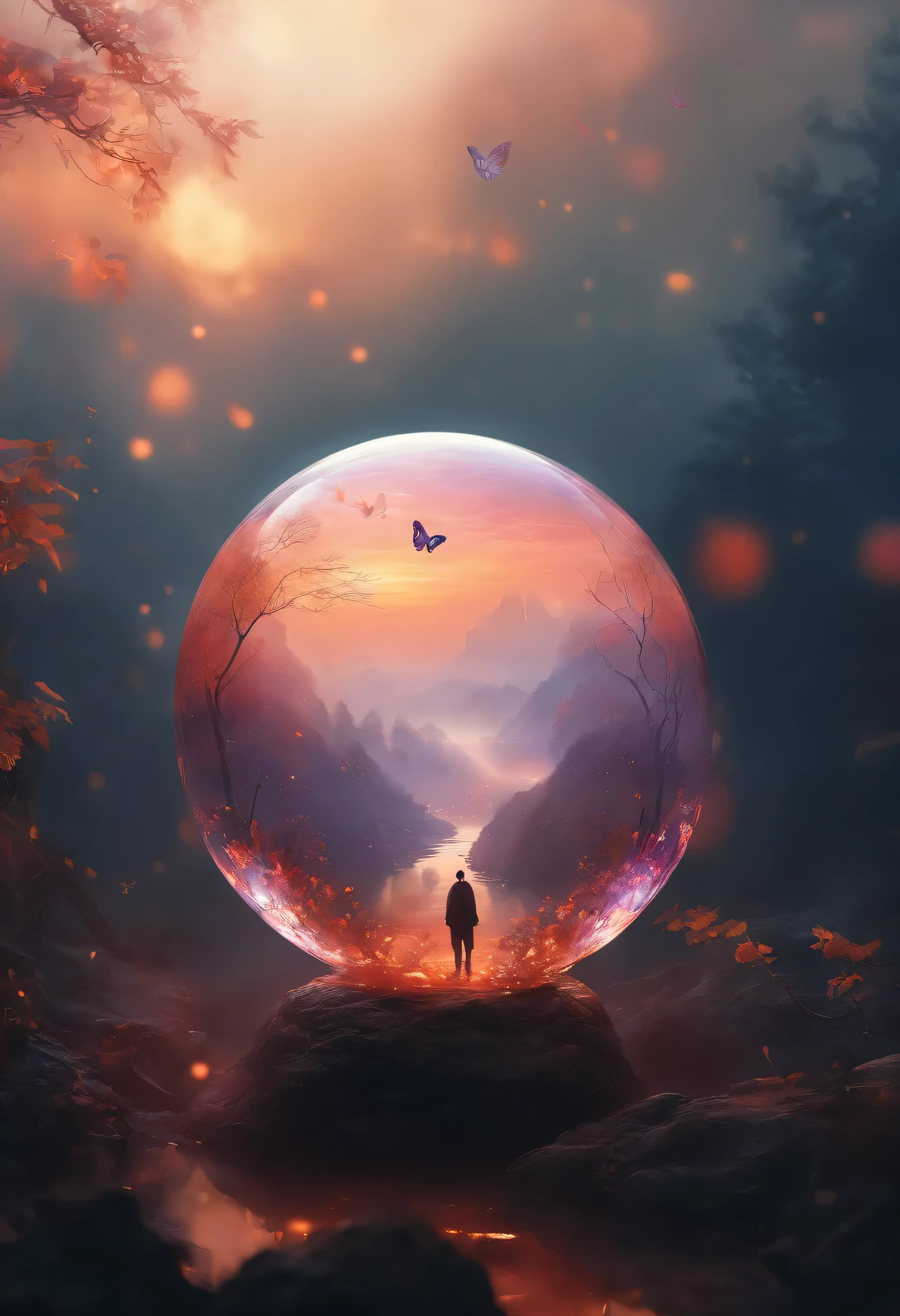 (best quality, 4k, 8k, high resolution, masterpiece:1.2), super detailed, actual:1.37 Close-up of the ball inside the ball, surrounded by mystery, Glowing mist. The sphere is made of crystal clear glass, Reflection of ambient light. The inner sphere is smaller，exudes softness, ethereal light. The surfaces of both spheres are smooth and flawless. The scene is shrouded in charming fog, Create an atmosphere of mystery and intrigue. Mist dances in the air, slight movements, 类似于Butterfly翅膀的扑动. The mist creates an otherworldly atmosphere, blurring the lines between reality and fantasy. Butterfly, Has bright iridescent wings, Seen flying around a sphere
