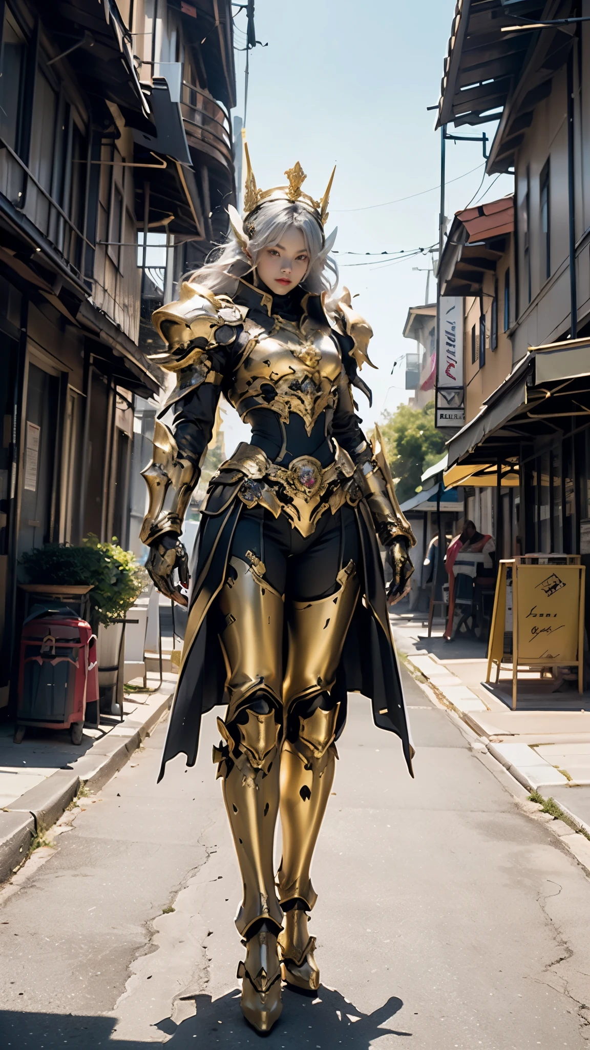 A woman adorned in fantasy-style full-body armor, a crown-concept fully enclosed helmet that unveils only her eyes, a composite layered chest plate, fully encompassing shoulder and hand guards, a lightweight waist armor, form-fitting shin guards, the overall design is heavy-duty yet flexible, ((the armor gleams with a golden glow, complemented by red and blue accents)), exhibiting a noble aura, she floats above a fantasy-surreal high-tech city, this character embodies a finely crafted fantasy-surreal style armored hero in anime style, exquisite and mature manga art style, (Queen bee mixed with Spider concept Armor), ((Nordic, elegant, goddess, femminine:1.5)), metallic, high definition, best quality, highres, ultra-detailed, ultra-fine painting, extremely delicate, professional, anatomically correct, symmetrical face, extremely detailed eyes and face, high quality eyes, creativity, RAW photo, UHD, 32k, Natural light, cinematic lighting, masterpiece-anatomy-perfect, masterpiece:1.5