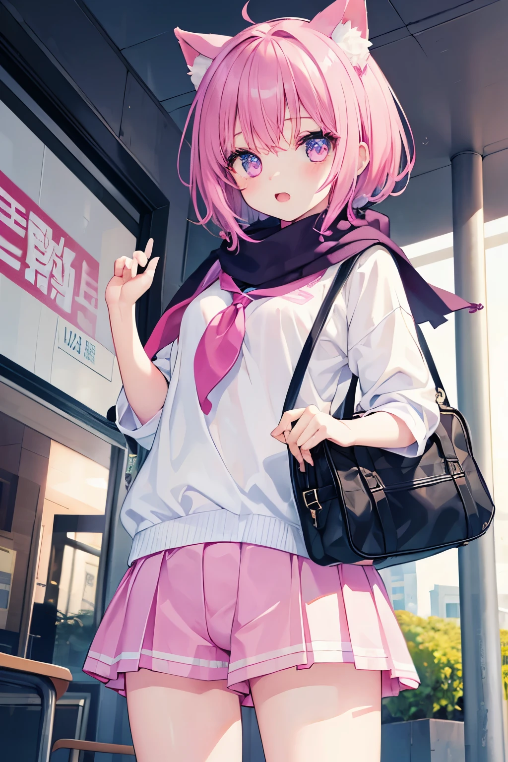 Very beautiful and shining eyes、shining eyes、1 girl、small breasts、big mouth、high school girl、small breasts、Cat ear、Transparent pink short hair、scarf、hot pants、school bag、Childish clothes