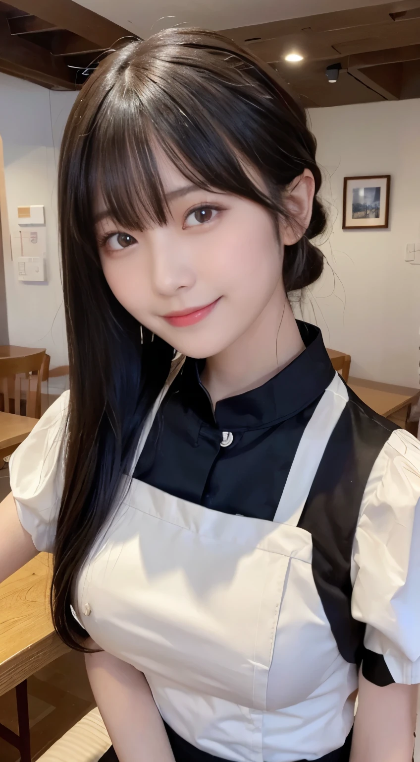 (highest quality,masterpiece:1.3,ultra high resolution,),(Super detailed,caustics),(Photoreal:1.4,RAW shooting,)ultra-realistic capture,very detailed,High resolution 16K human skin close-up。 natural skin texture、,The pores are、、、、Must be detailed enough to be easily identified。 Skin should look even-toned and healthy。 Use natural light and color,restaurant,waitress uniform,1 girl,Japanese,18-year-old,cute,black haired,ponytail,big breasts,smile,turn your body forward,(Front view:1.1),look at the camera,cowboy shot,