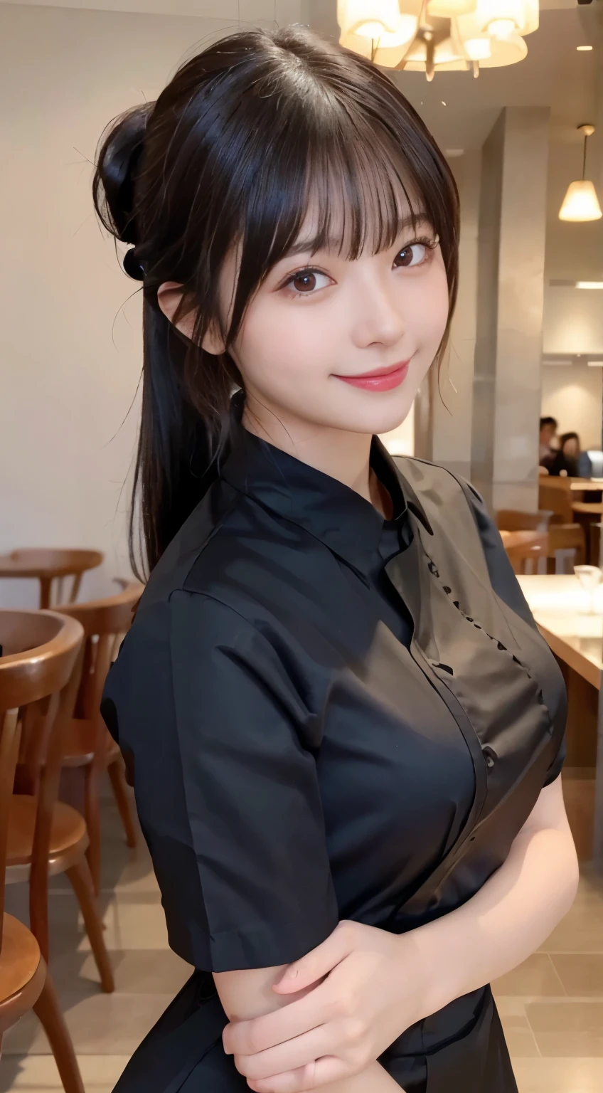 (Highest quality,masterpiece:1.3,Ultra-high resolution,),(Very detailed,Caustics),(Realistic:1.4,RAW shooting,)Ultra-Realistic Capture,Very detailed,High resolution 16K human skin closeup。 Natural skin texture、,pores、、、、It must be detailed enough to be easily identifiable。 Skin tone is even and healthy looking。 Use natural light and color,restaurant,Waitress Uniform,1 person,Japanese,18-year-old,cute,Black-haired,ponytail,Big Breasts,smile,Turn your body forward,(Front view:1.1),Looking into the camera,Cowboy Shot,