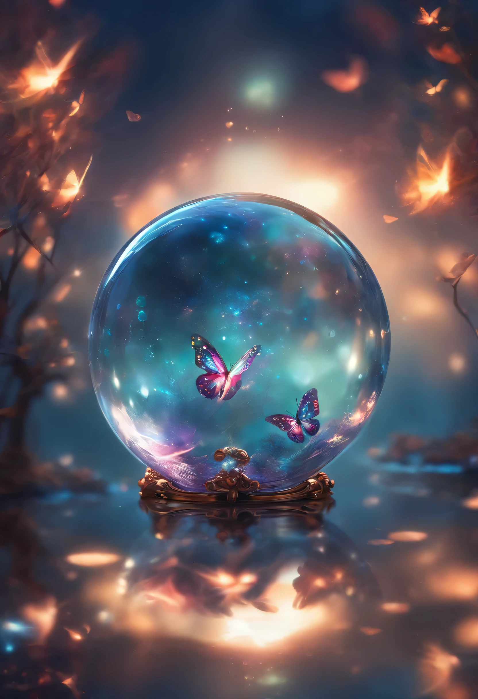 (best quality, 4k, 8k, high resolution, masterpiece:1.2), super detailed, actual:1.37 Close-up of the ball inside the ball, surrounded by mystery, Glowing mist. The sphere is made of crystal clear glass, Reflection of ambient light. The inner sphere is smaller,exudes softness, ethereal light. The surfaces of both spheres are smooth and flawless. The scene is shrouded in charming fog, Create an atmosphere of mystery and intrigue. Mist dances in the air, slight movements, 类似于Butterfly翅膀的扑动. The mist creates an otherworldly atmosphere, blurring the lines between reality and fantasy. Butterfly, Has bright iridescent wings, Seen flying around a sphere