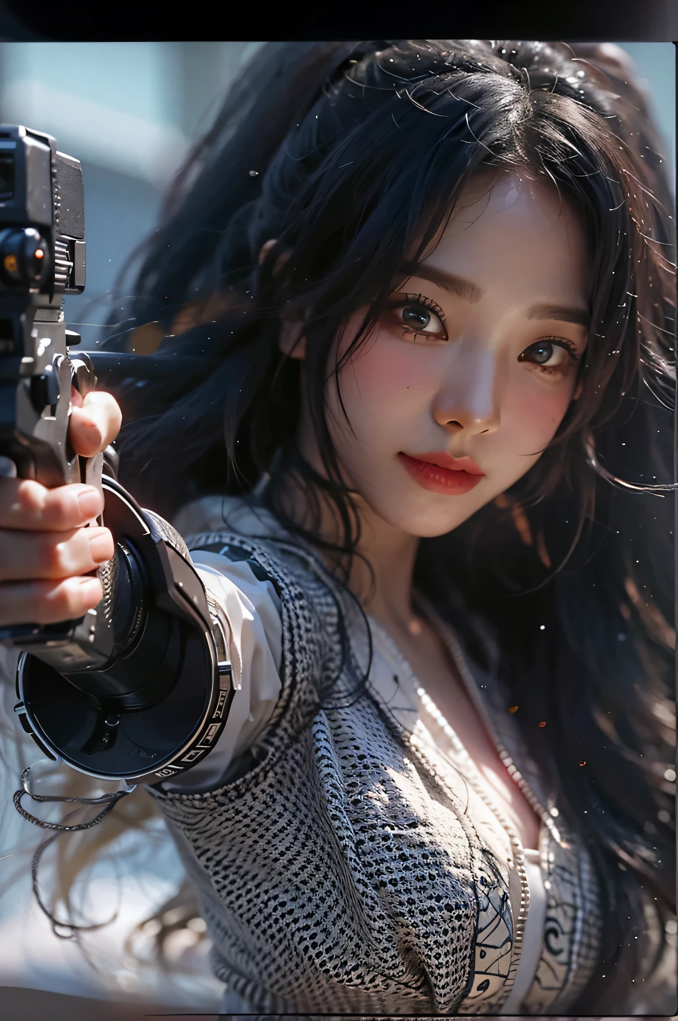 (highest image quality), (masterpiece), (vibrant, photography realistic, Realistic, Dramatic, Dark, Sharp focus, 8K), Close up Face, Highly detailed face and skin texture, sexy wedding dress, ethereal beauty, mature asian woman,black long hair, make up, sexy smile, nsfw ,Close up shot, ((backlight)), holding the gun, secret agent