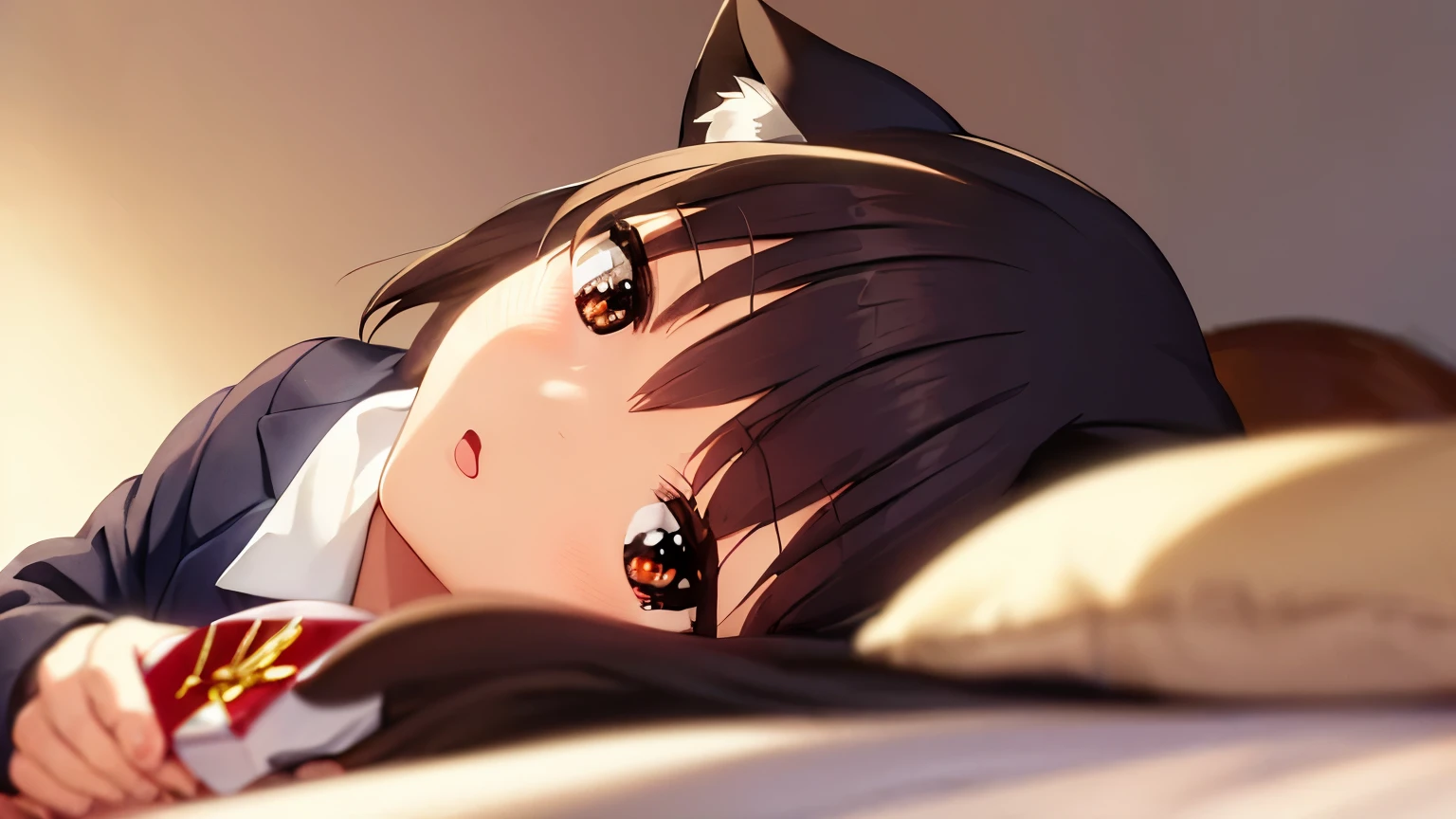 1girl, (((masterpiece))), wallpaper HD, top-quality, top-quality, High Details, nakano azusa, 1girl, Sakuragaoka High School Uniform, student clothes, black cat ear, (((black cat ear))), Twin-tailed, length hair, A dark-haired, brown-eyed, solo, reddish, Dark blue blazer with thin red ribbon, Solid white buttoned shirt under blazer, illustratio, comic strip, soothing tones, Subdued Color, Soft cinematic light, adobe lightroom, photolab, HDR, intricately and hyper-detailed、(((depth of fields))))。(((masterpiece)))。(((top-quality))).)((ultra-detailliert)))。(((illustratio)))。(((takeout))).dynamic focus.big breasts.(((home))).(((A bedroom))).(((Face of happiness))). Open mouth.(((hand holding a chocolate valentine gift))).(((up chest))).((morning glow)).((the setting sun)).