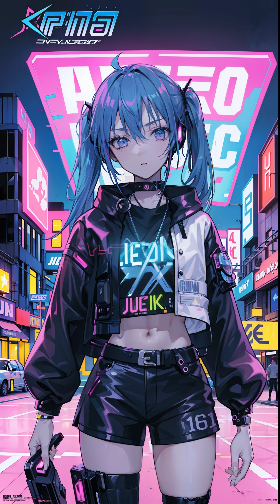 ((rainbow hair)),(cyberpunk), bright lighting, masterpiece,1girll, ((short twintails)), ((-yeld fee model)), (((cowboy shot))), (((retro neon art))),(80's aesthetic:1.1),((neons:0.8)). 2D, ((neon lighting)), futuristic vibe, (jacket), detailed eyes, ((Text)), ((magazine cover layout)), tile, cover, bold, attention-grabbing, title, stylish, ((font)), catchy, headline, city background