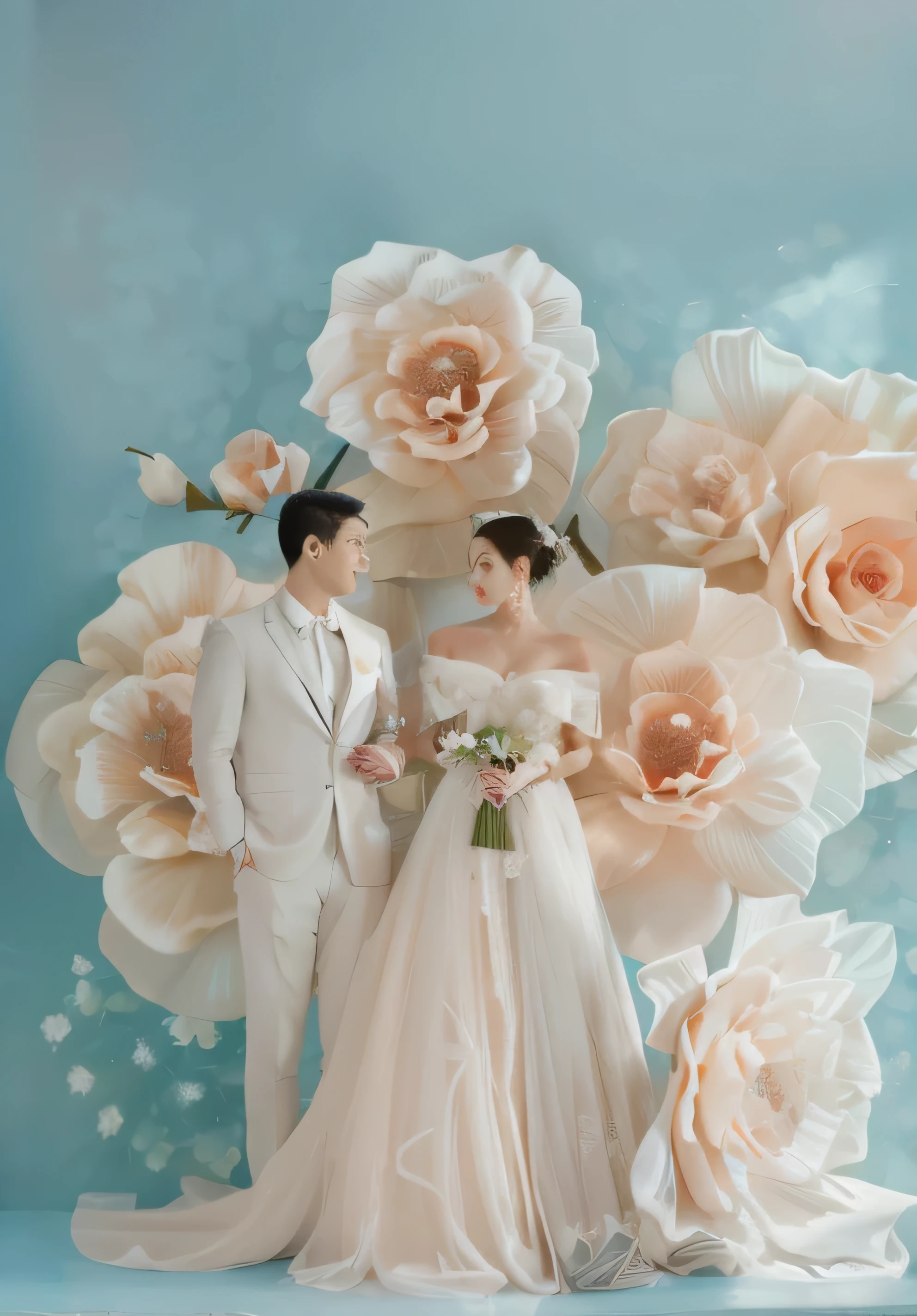 bride and groom standing in front of large flower backdrop, lovely couple, wedding photo, professional wedding photography, happy couple, made of silk paper, cyan photographic backdrop, floral painted backdrop, korean artist, paper art, by Tan Ting-pho, cg art, bride and groom, couple portrait, couples portrait, luxurious wedding, ethereal and dreamy theme, ad image