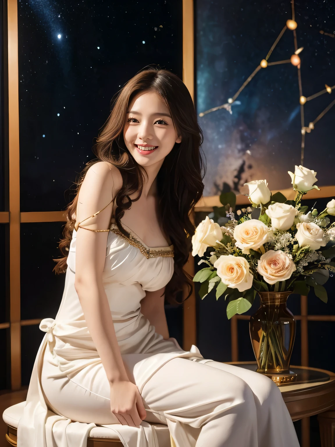 full body portrait or statue、Stained glass、12 constellations、Vigée Leblanc style、math、astronomical machine、astronaut、roses in vase、fruit、Cute trinkets、smile、ancient greek costume、Sandro Botticelli paintings、Costume that stretches your shoulders、A big smile、expression of ecstasy、sexy、beautiful bare skin、Detailed representation of the seducing woman throughout the body