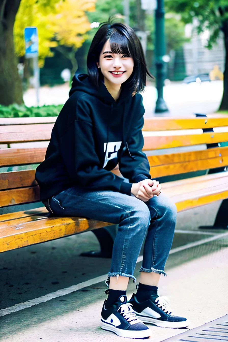 A neat and beautiful woman sitting on a park bench、black hair、hoodie、skinny denim、black sneakers、socks slightly visible through shoes、smile、smile showing teeth、full body photo、hairstyle shortcut