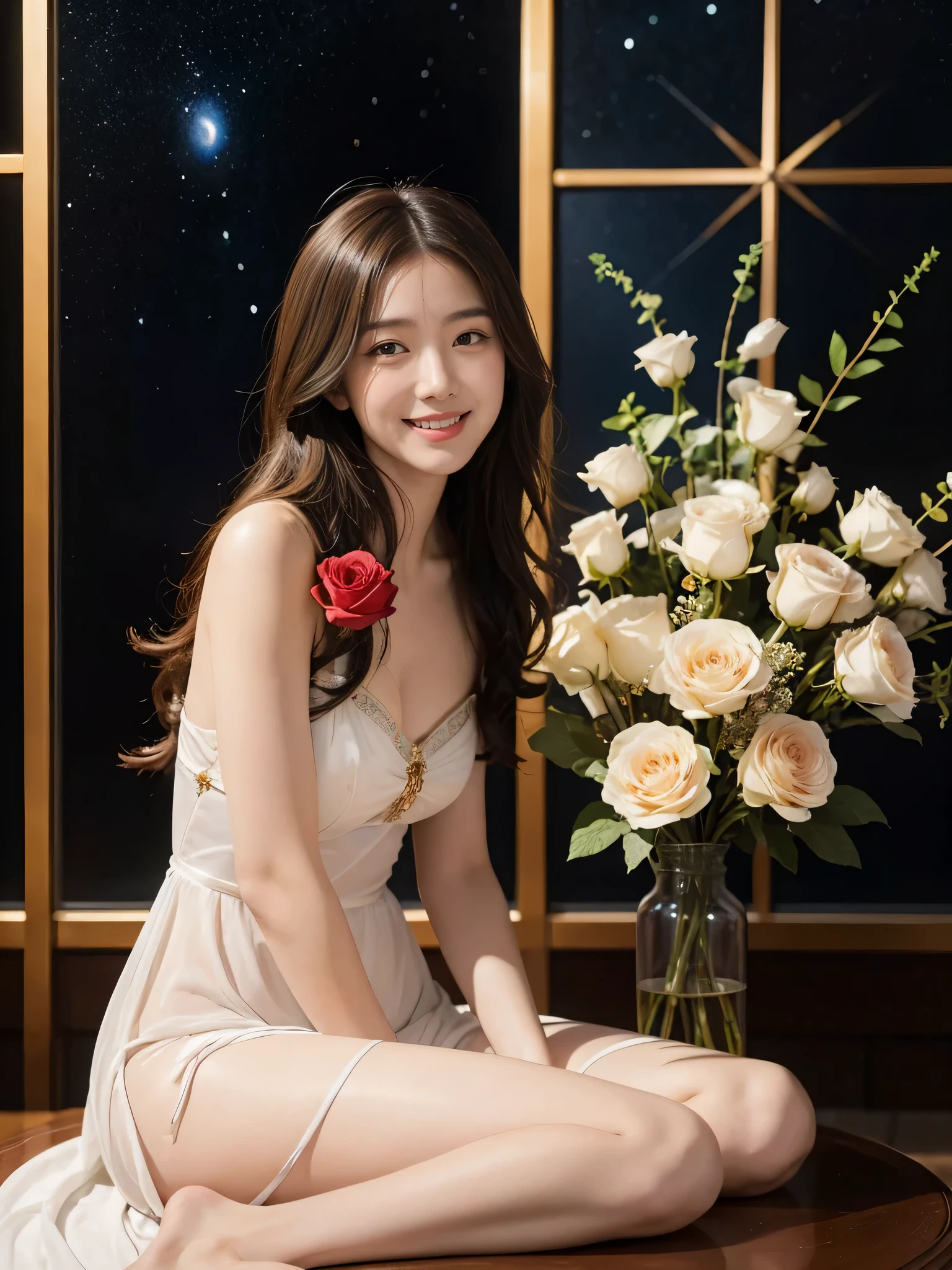 full body portrait or statue、Stained glass、12 constellations、Vigée Leblanc style、math、astronomical machine、astronaut、roses in vase、fruit、Cute trinkets、smile、ancient greek costume、Sandro Botticelli paintings、Costume that stretches your shoulders、A big smile、expression of ecstasy、sexy、beautiful bare skin、Detailed representation of the seducing woman throughout the body