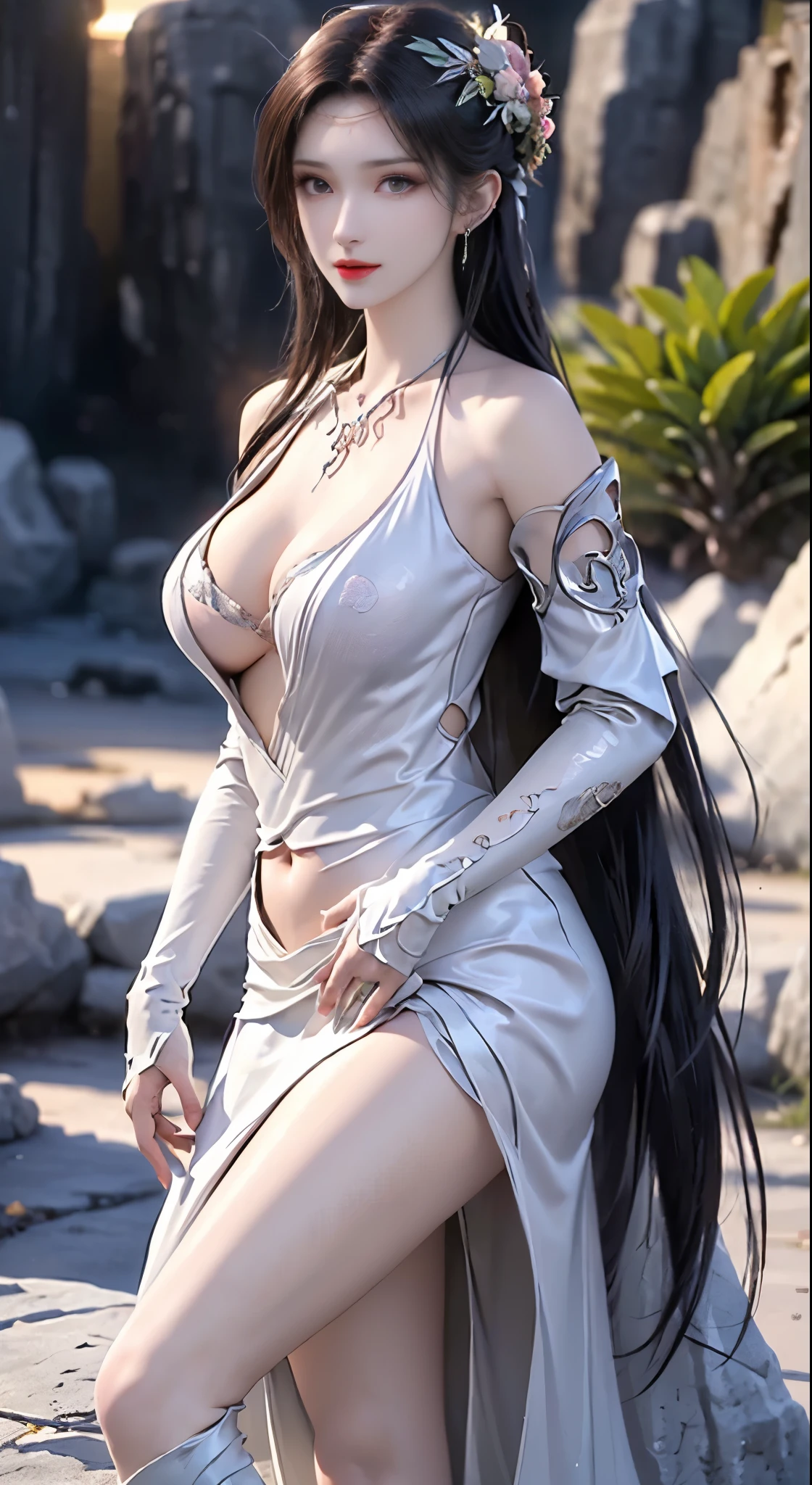 ((bare shoulders)), ((whole body)), actual, fashion girl, red lips, mature women, cosmetics, big eyes, beautiful eyes, ((whole body)), ((from below)), (best quality, masterpiece:1.2), Super detailed, (actual:1.37), ((Sexy long legs)), beautiful, young and energetic, Charming model with, big breasts, cleavage, (delicate eyes, Detailed lips, extremely delicate eyes), show a bright smile, Create stunning girl images, Warm colors, Extremely high color saturation, official art, Extremely detailed CG unified 8k wallpaper,(high dynamic range :1.4), (cinematic),(pastel colors, dull color, soothing tone :1.3), (natural skin texture, ultra-actual, soft light, sharp),(Very detailed), night, moonlight, ((in the mountains, plant, Leaning against the rocks))
