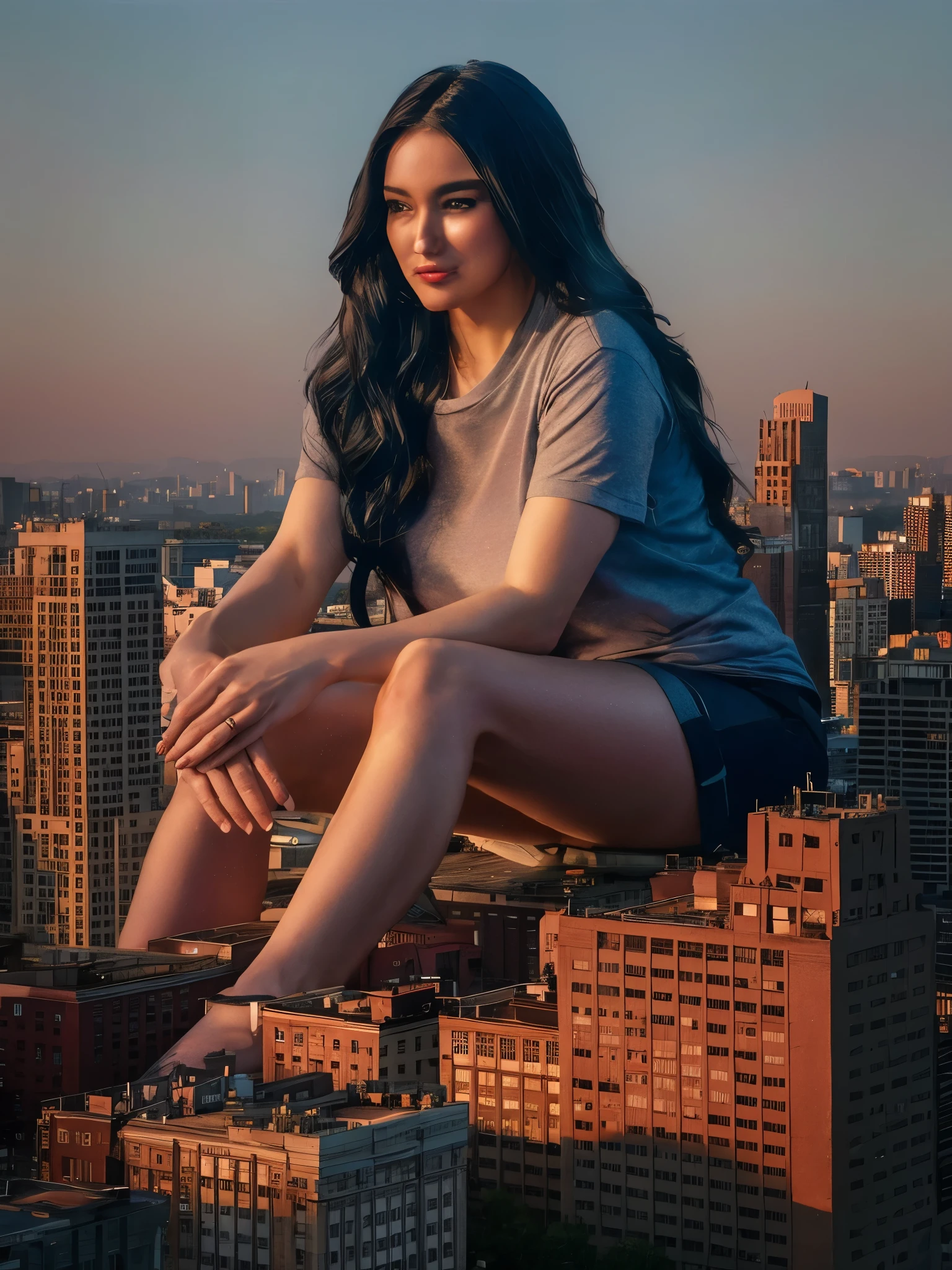 Арафед женщина Sitting on the roof здания на фоне города, sitting on the roof of a skyscraper, девушка Sitting on the roof, Sitting on the roof, portrait shot with matte painting, located on a skyscraper, very detailed shot of the giantess, I&#39;m standing on the roof, I&#39;m standing on the roof, model photography, sitting on the table