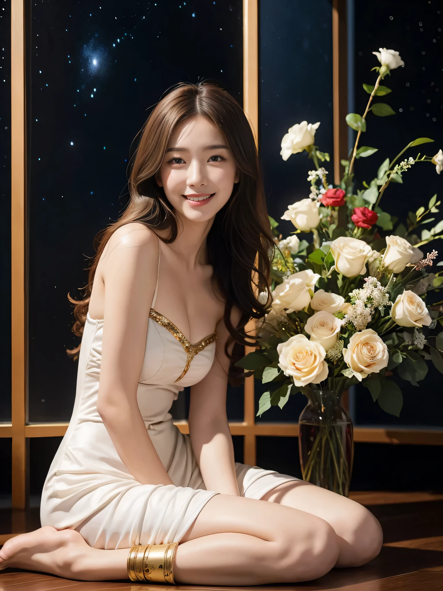 full body portrait or statue、Stained glass、12 constellations、Vigée Leblanc style、math、astronomical machine、astronaut、roses in vase、fruit、Cute trinkets、smile、ancient greek costume、Sandro Botticelli paintings、Costume that stretches your shoulders、A big smile、expression of ecstasy、sexy、beautiful bare skin、Detailed representation of the seducing woman throughout the body