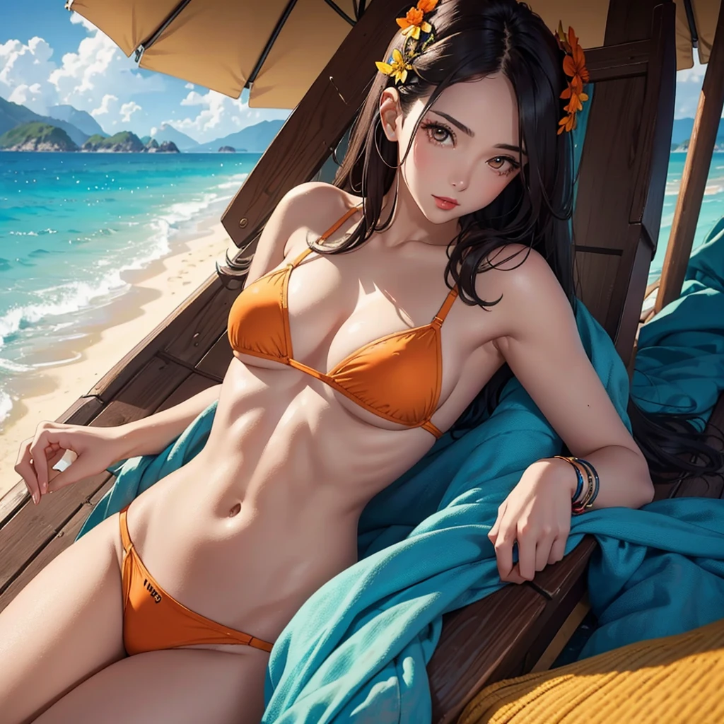 (Best quality, 4K, tmasterpiece :1.Beutiful women, 1 Sister, (, attractive body :1.2), Abs :1.1, dark brown hair: 1.1, lovly day, sun, The face very detailed, detailed lips, detailed eyes, double eyelid. orange eyes, red lips. beach background.