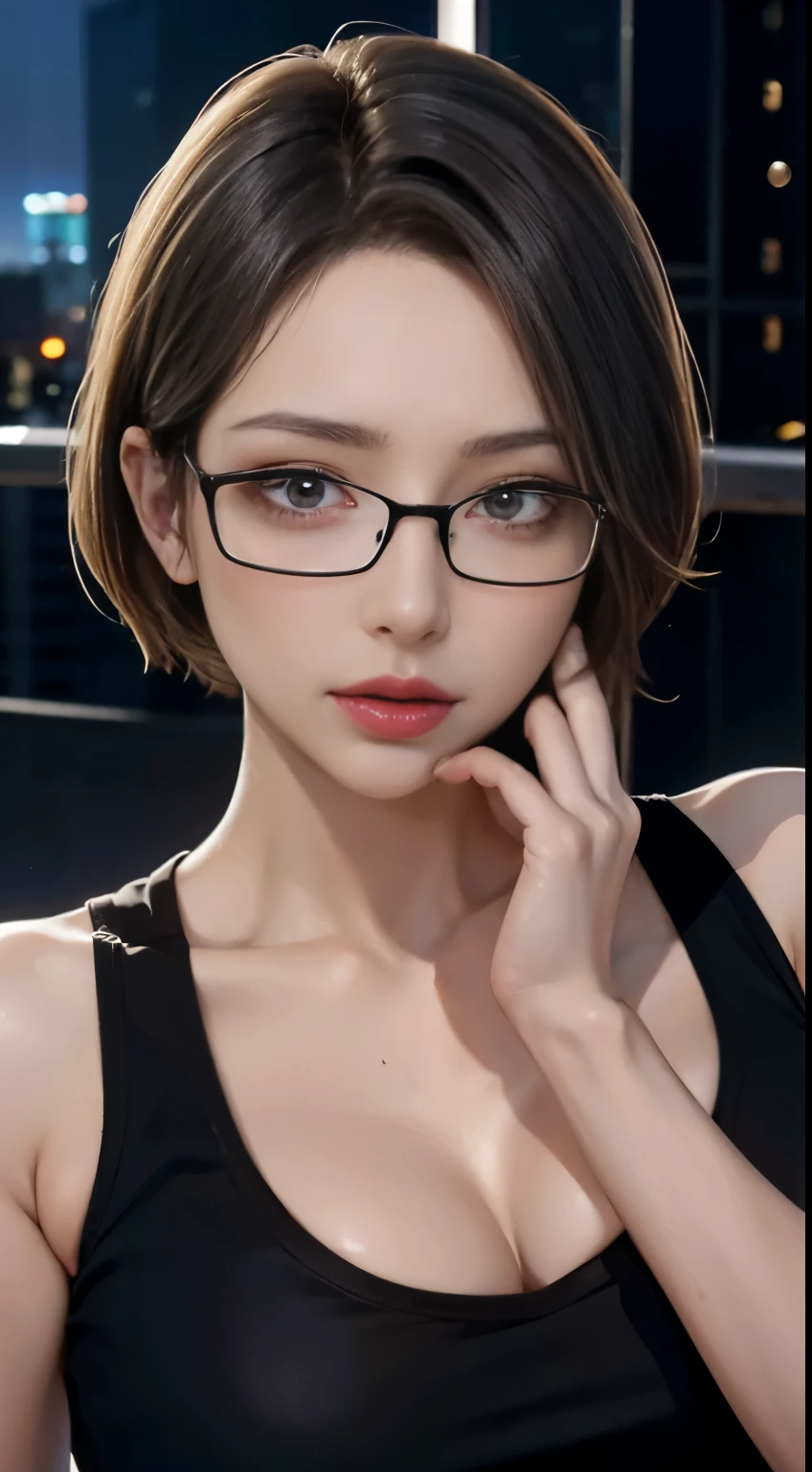 4K quality、最high qualityの傑作、Punk girl in thin glasses and a black shirt, (heavy makeup), Blurred city background at sunrise, short hair, detailed face, high quality, High resolution、(full shot:1.8), big breasts、