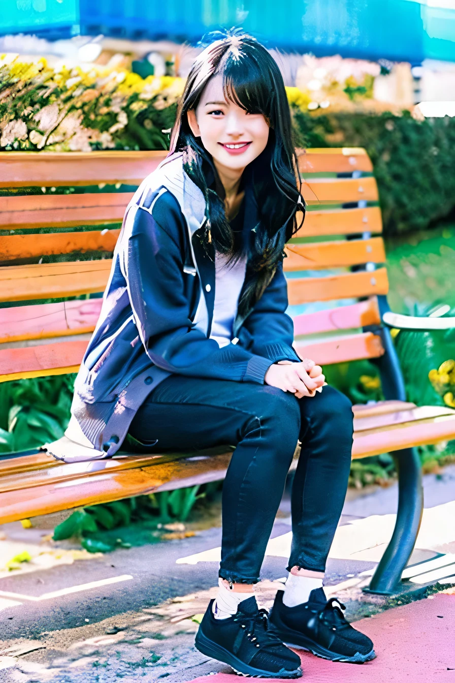 A neat and beautiful woman sitting on a park bench、black hair、hoodie、skinny denim、black sneakers、socks slightly visible through shoes、smile、smile showing teeth、full body photo、Hairstyle braid