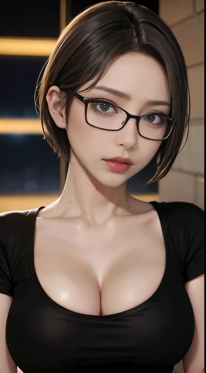 4K quality、最high qualityの傑作、Punk girl in thin glasses and a black shirt, (heavy makeup), Blurred city background at sunrise, short hair, detailed face, high quality, High resolution、(full shot:1.8), big breasts、