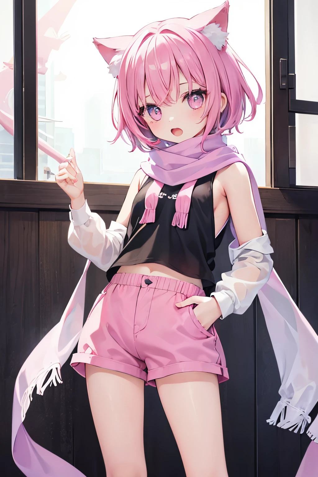 Very beautiful and shining eyes、shining eyes、1 girl、small breasts、big mouth、small breasts、Cat ear、Transparent pink short hair、scarf、hot pants、7 year old girl、childish clothes