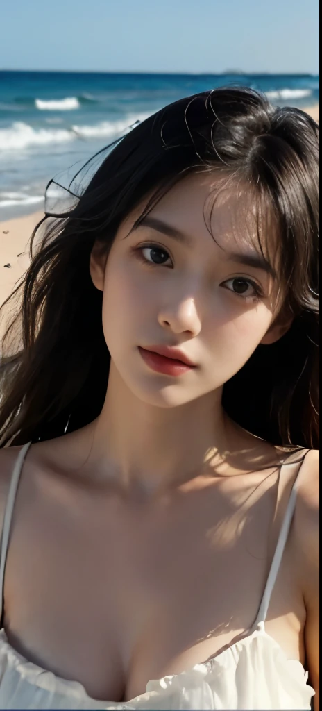 best quality，masterpiece，ultra high resolution，（realism：1.4），original photo，1 girl，take off shoulders，long black hair，oval face，face highlight，seaside，wave，pure，Full of girly feeling，18 years old，spaghetti strap dress，silk texture，deep v，chic
