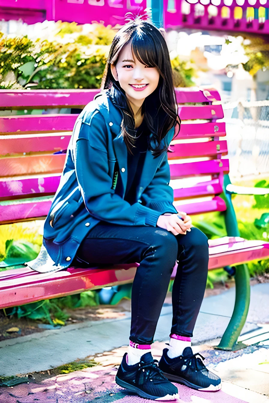 A neat and beautiful woman sitting on a park bench、black hair、hoodie、skinny denim、black sneakers、socks slightly visible through shoes、smile、smile showing teeth、full body photo、Hairstyle braid
