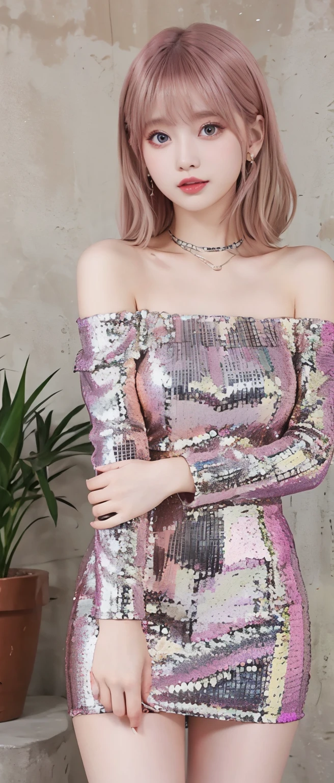 gorgeous idol、whole body、good style、、、、、colorful sequin tight mini dress(off shoulder)、Pink Blonde Hair