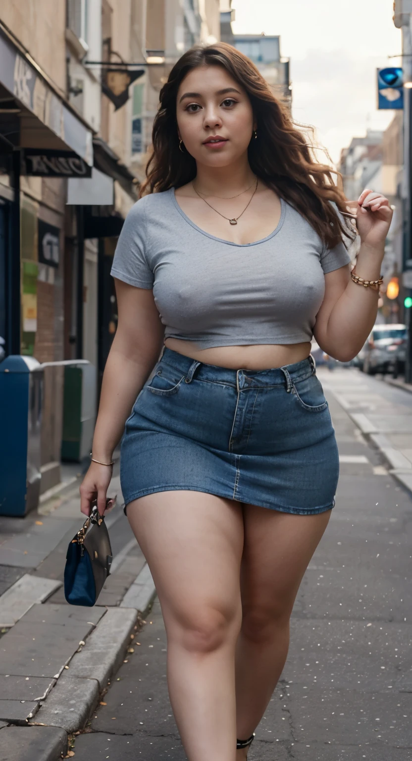 ((best quality)), ((masterpiece)), (detailed), perfect face, araffe woman in a dark-blue shirt and blue denim skirt walking down a street, thicc,  wavy  hair , she has a jiggly fat round belly, bbwchan, wearing tight simple clothes, skinny waist and thick hips, widest hips, her belly is fat and round, soft curvy shape, hyperrealistic full figure, wearing a cute top, wide hips, wearing 10 bracelet , wearing huge diamond necklace 
