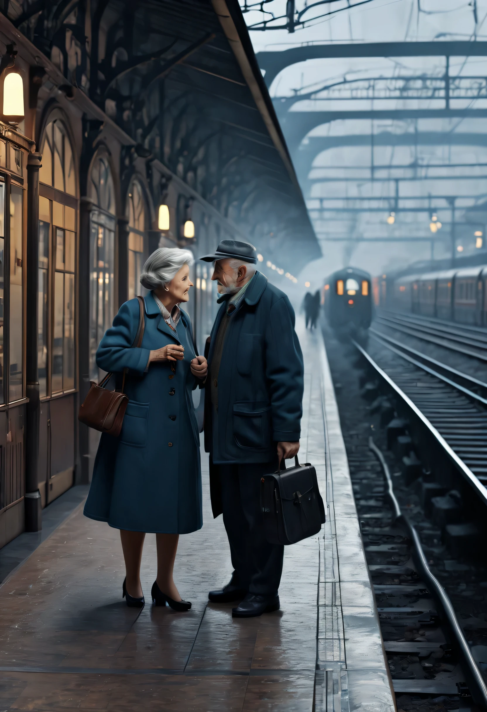 love story, old couple, TRAIN STATION, (best quality, masterpiece, representative work, official art, professional, Super complex and detailed, 8k:1.3)