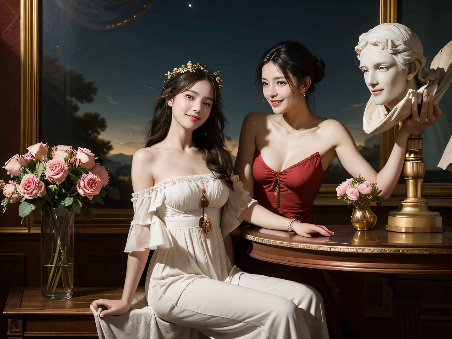 Jacques-Louis David painting style,Arguments of two female Philosophe,math、astronomical machine、astronaut、roses in vase、fruits、Cute trinkets、smile、ancient greek costume、Background is a forest lake at night 、Clothes that stretch your shoulders、A big smile、beautiful bare skin、A detailed representation of the seducing woman throughout her body.