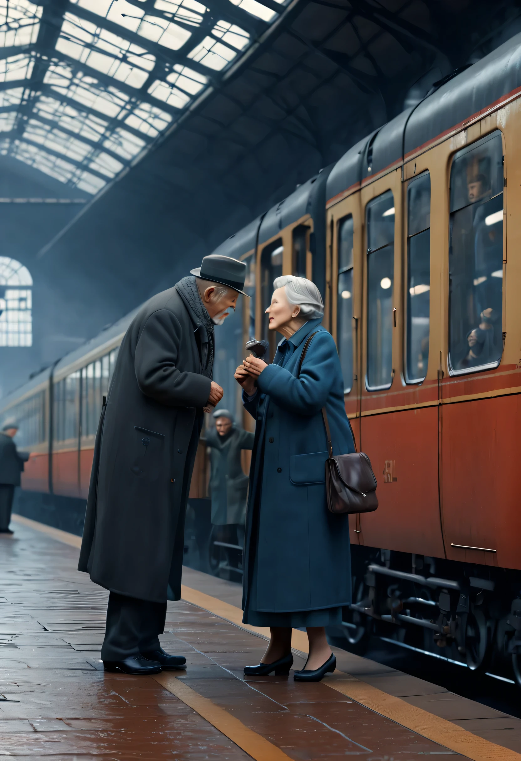 love story, old couple, TRAIN STATION, (best quality, masterpiece, representative work, official art, professional, Super complex and detailed, 8k:1.3)