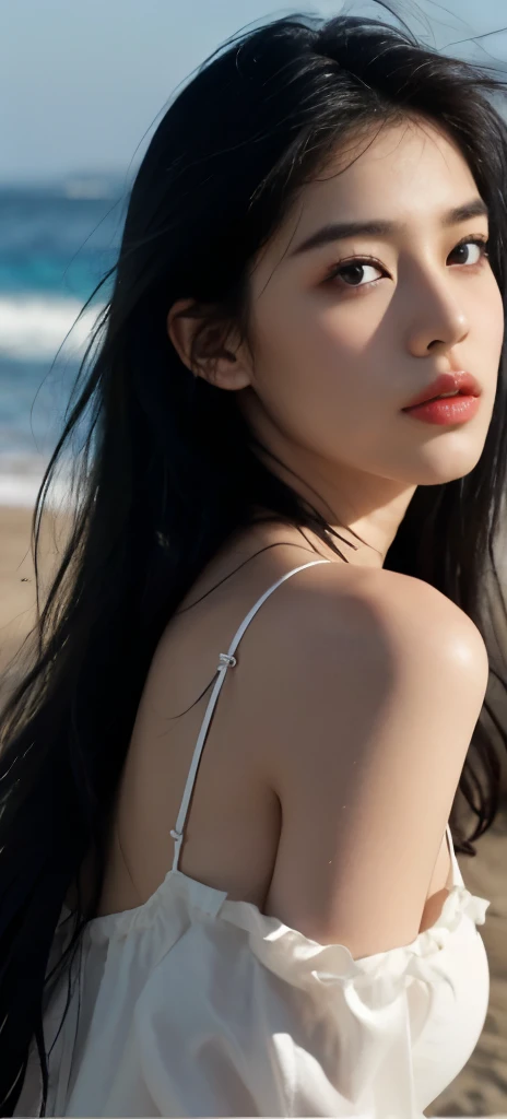 best quality,masterpiece,ultra high resolution,(realism:1.4),original photo,1 girl,take off shoulders,long black hair,oval face,face highlight,seaside,wave,pure,Full of girly feeling,18 years old,spaghetti strap dress,silk texture,deep v,,The face shape does not change