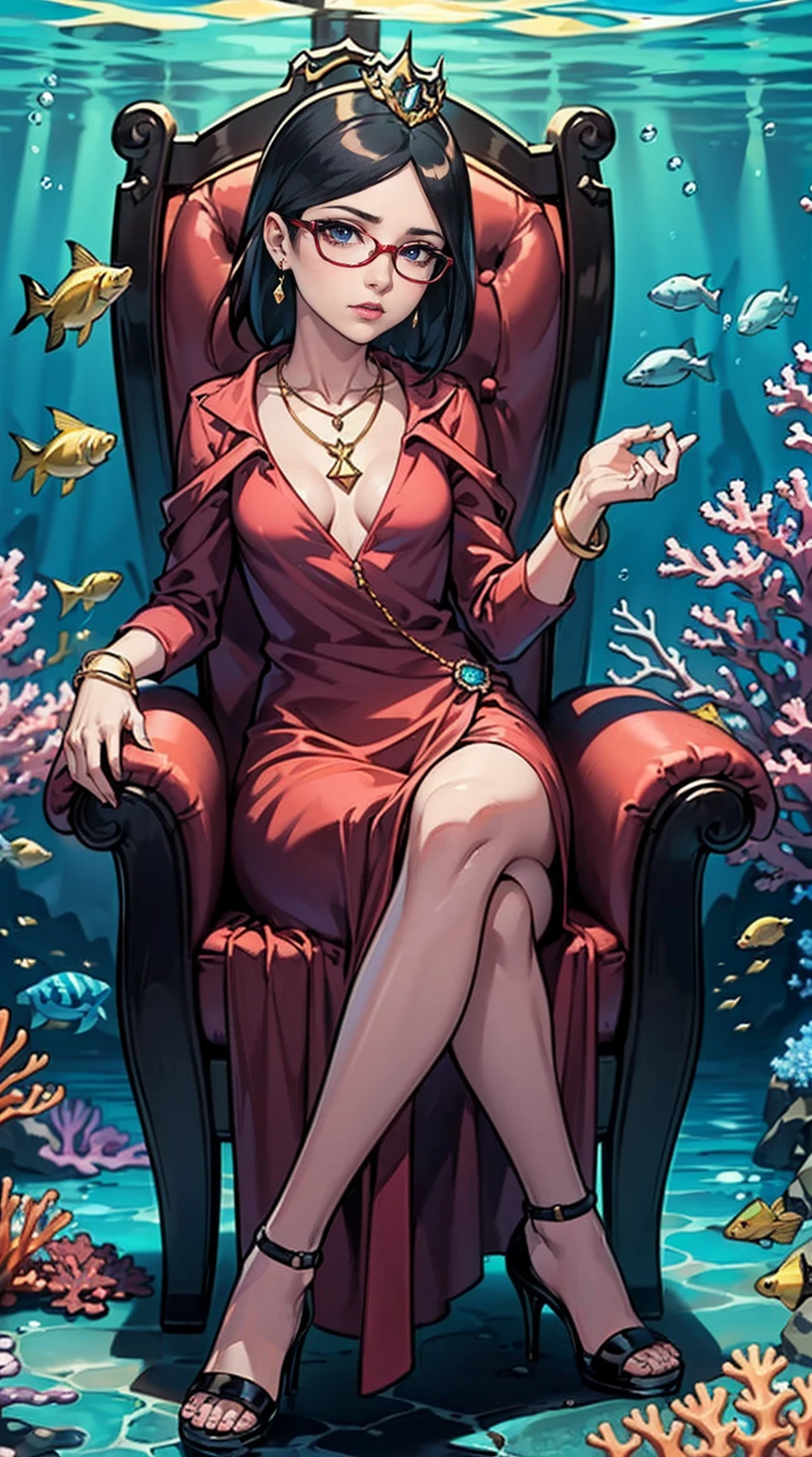((1girl, solo ,alone, Sarada Uchiha, short hair, ((smug, ((black eyes)), gold bracelets, ruby earrings, ((dark eyes, glasses, small breasts)), uchiha sarada)), ((solo, 1woman, pink lipstick, Extremely detailed, ambient soft lighting, 4k, perfect eyes, a perfect face, perfect lighting, a 1girl)), austere, ((sitting on a throne, ((legs crossed, high heels, underwater, submerged in the ocean, deep sea, sea creatures, aqua)), sitting on her throne under; water, sea queen, mu yanling, Krenz Cushart and Artgerm, ((fish, coral)), shark, turtle, algae)), ((long dress, elegant dress , formal dress, red dress, bracelets, ruby earrings, gold necklace, diamond tiara, sovereign))