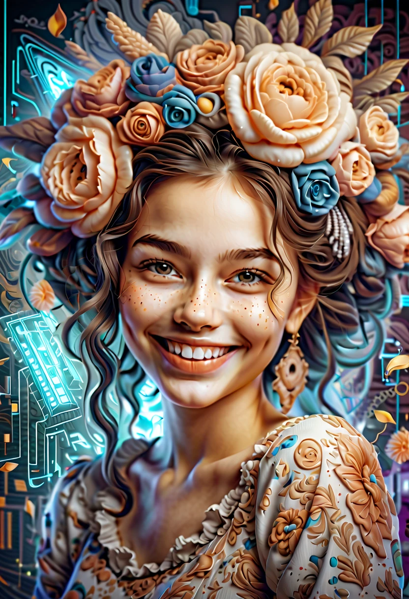 cute girl head, (((laughing smile:1.1))), backdrop of digital elements graffiti, baroque background, dynamic angle, (((with digital matrix code:1.2))), ?, cute, beauty fine fur, intricate insane detailed, rich colors, true masterpiece, bordering with white glow, dark fantasy style, flowers, lamp, beauty, glitter, intricate detail airbrush, realistic, stunning 16k fine rendering,
