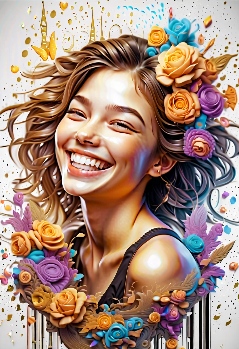cute girl head, (((laughing smile:1.1))), backdrop of digital elements graffiti, baroque background, dynamic angle, (((with digital matrix code:1.2))), ?, cute, beauty fine fur, intricate insane detailed, rich colors, true masterpiece, bordering with white glow, dark fantasy style, flowers, lamp, beauty, glitter, intricate detail airbrush, realistic, stunning 16k fine rendering,