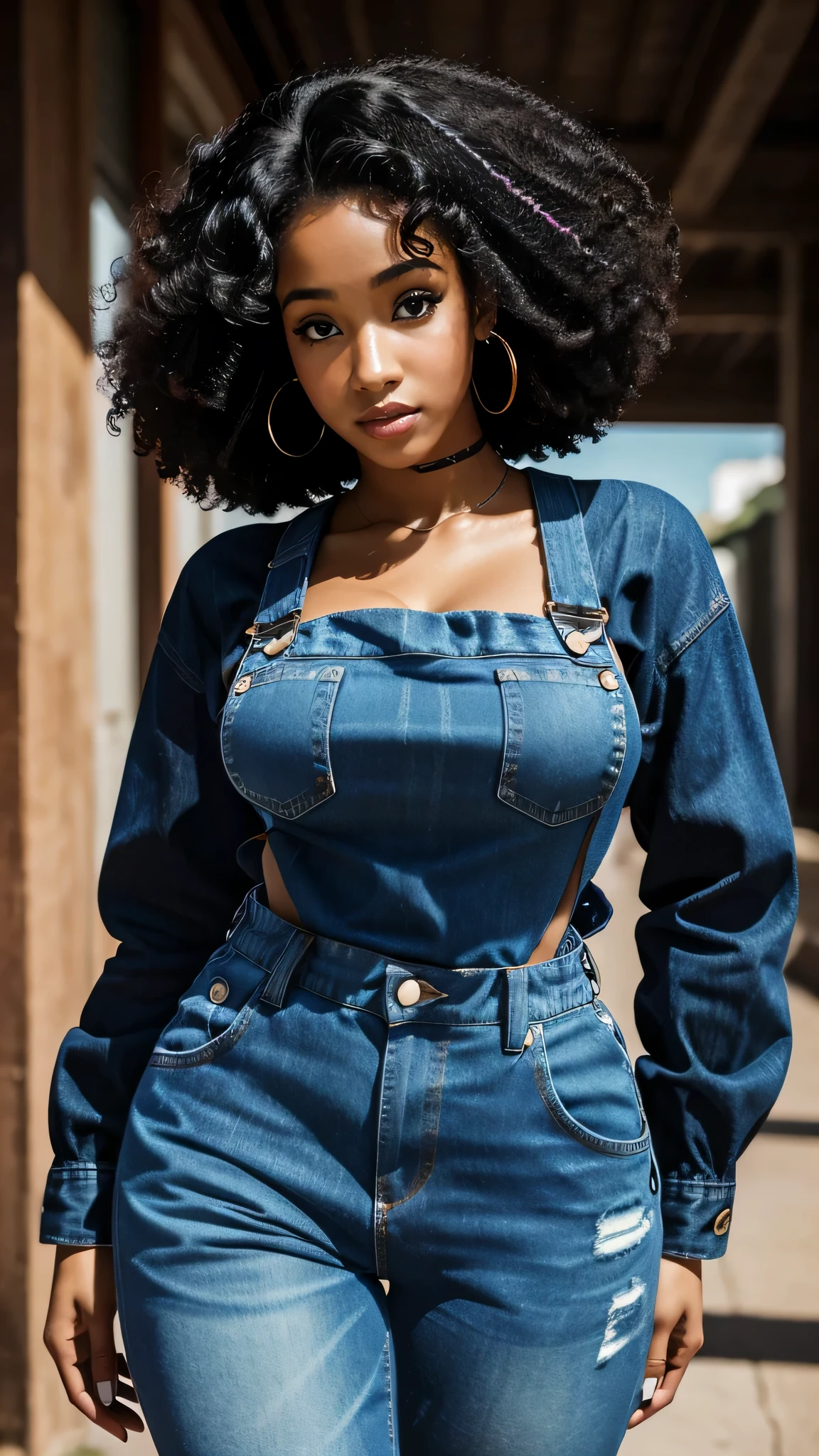 Hyperrealistic close-up photo of Cardi B, chef-d'artwork, best quality, (Photorealistic:1.4), tout le corps, (salopette en jean:1.1), coiffure afro bouclée sophistiquée et ample noire, poser professionnellement pour une séance photo, neon lights, Cinematic light, belle femme, maigre, gros seins, corps parfait, detailed face, visage de salope, regardant droit vers la caméra, photo prise de loin