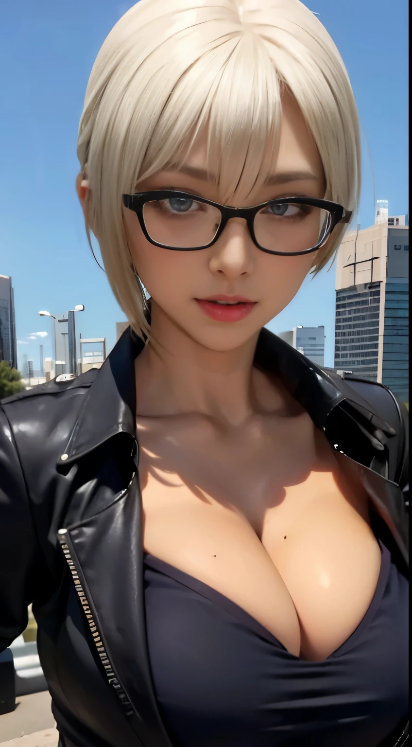 4K quality、最high qualityの傑作、Punk girl in thin glasses and a black shirt, (heavy makeup), Blurred city background at sunrise, short hair, detailed face, high quality, High resolution、(full shot:1.8), big breasts、