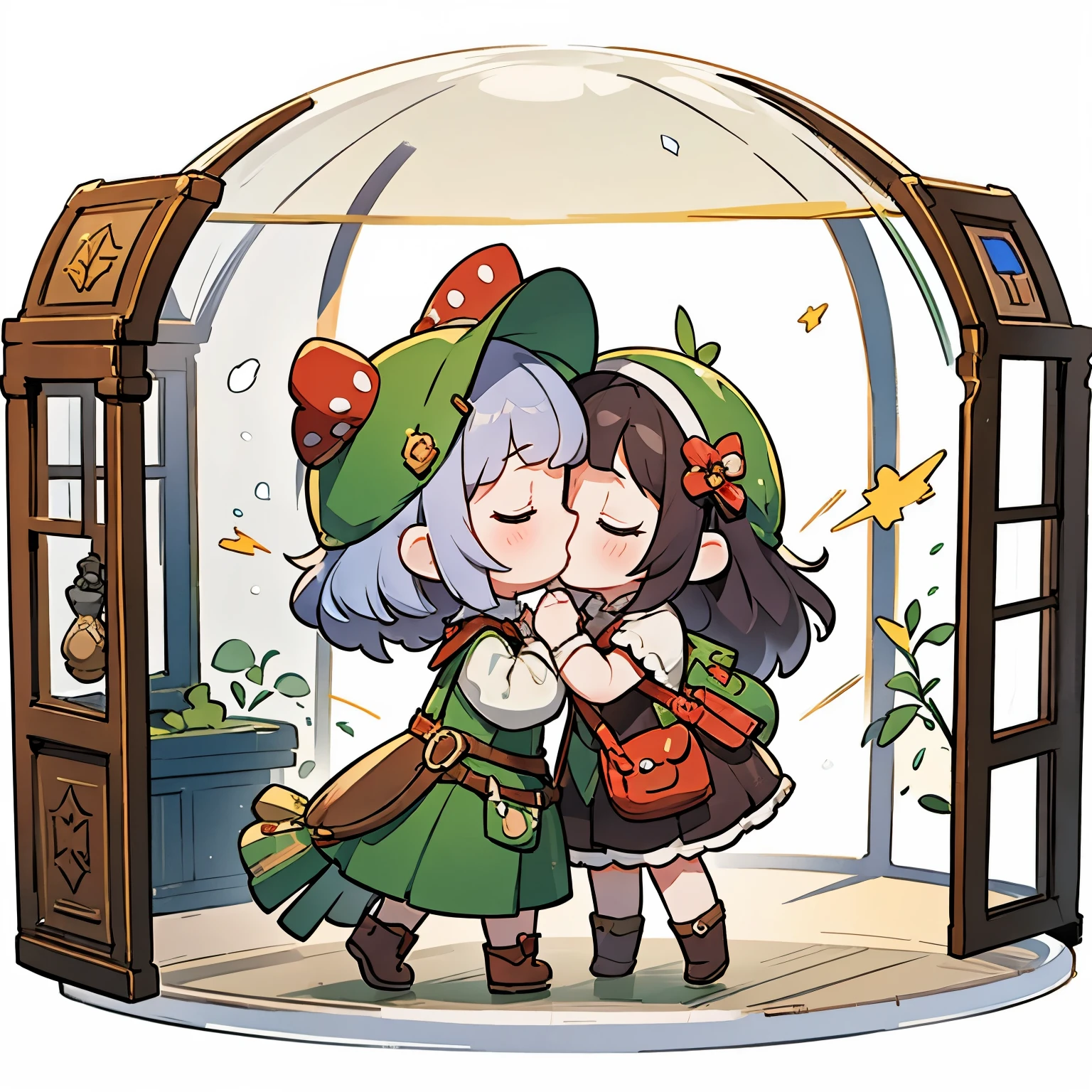 There is a kissing doll inside a dome-shaped transparent plastic case.