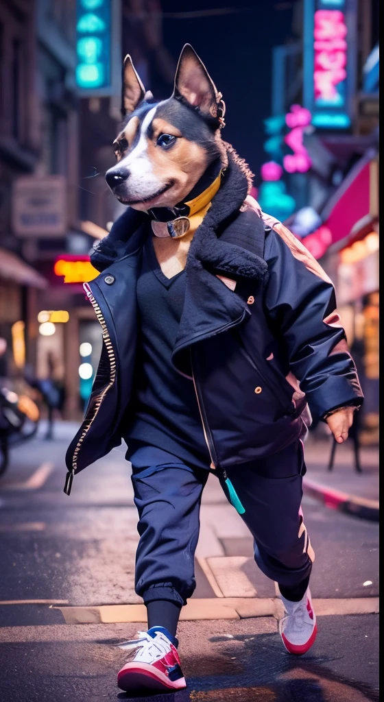 Fashionable dog Xiao Ming confidently strides through the bustling streets of the city. The background is illuminated by colorful neon lights, casting a dreamy glow. Xiao Ming sports a chic black coat, exuding elegance and confidence with every step.